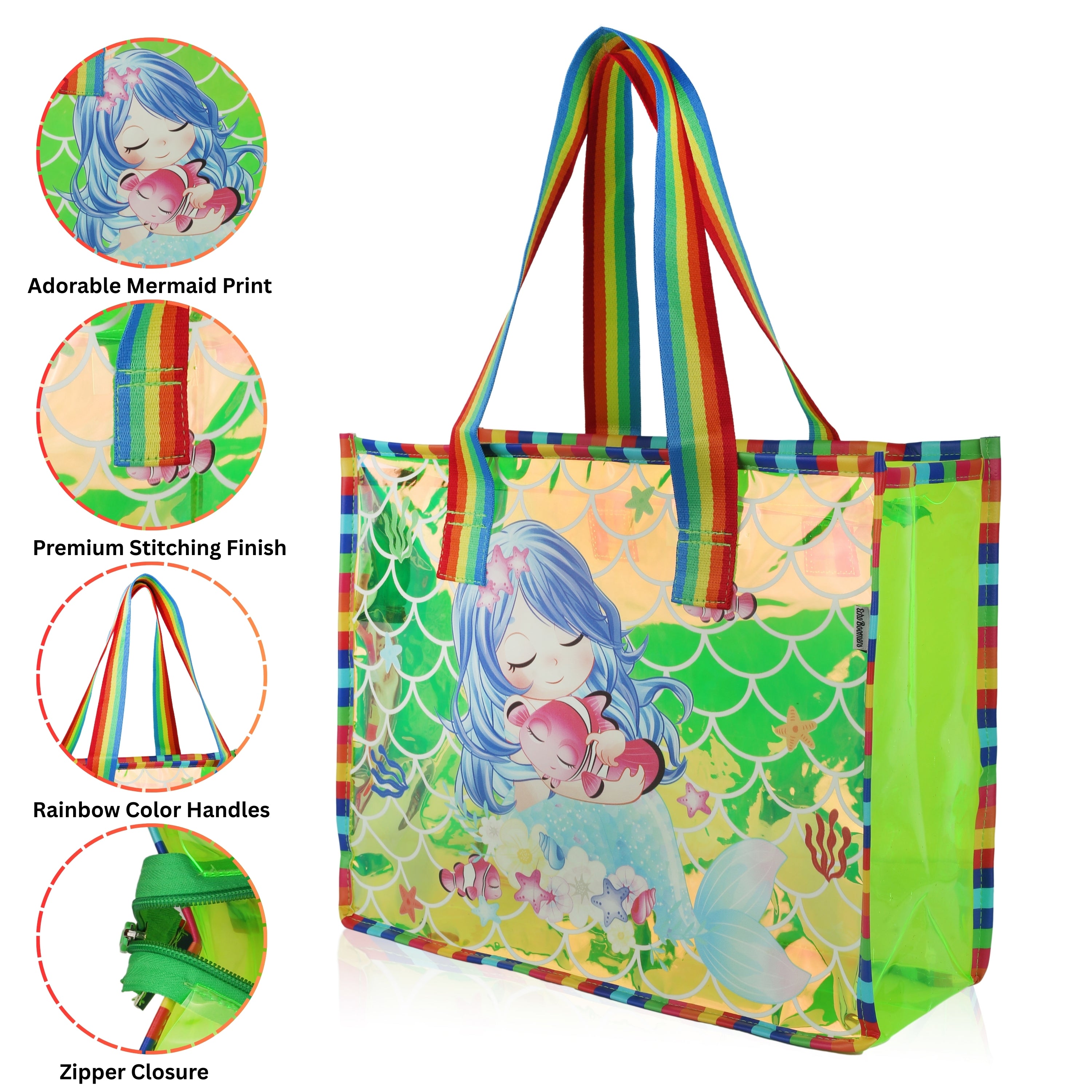 Echo Boomers Cute Mermaid,Magical Unicorn Wings,Astronaut, Stylish Cat,Cute Love Unicorn Transparent 50 GsmTote Bag – Rainbow Handles | Spacious, Durable & Stylish PVC Bag