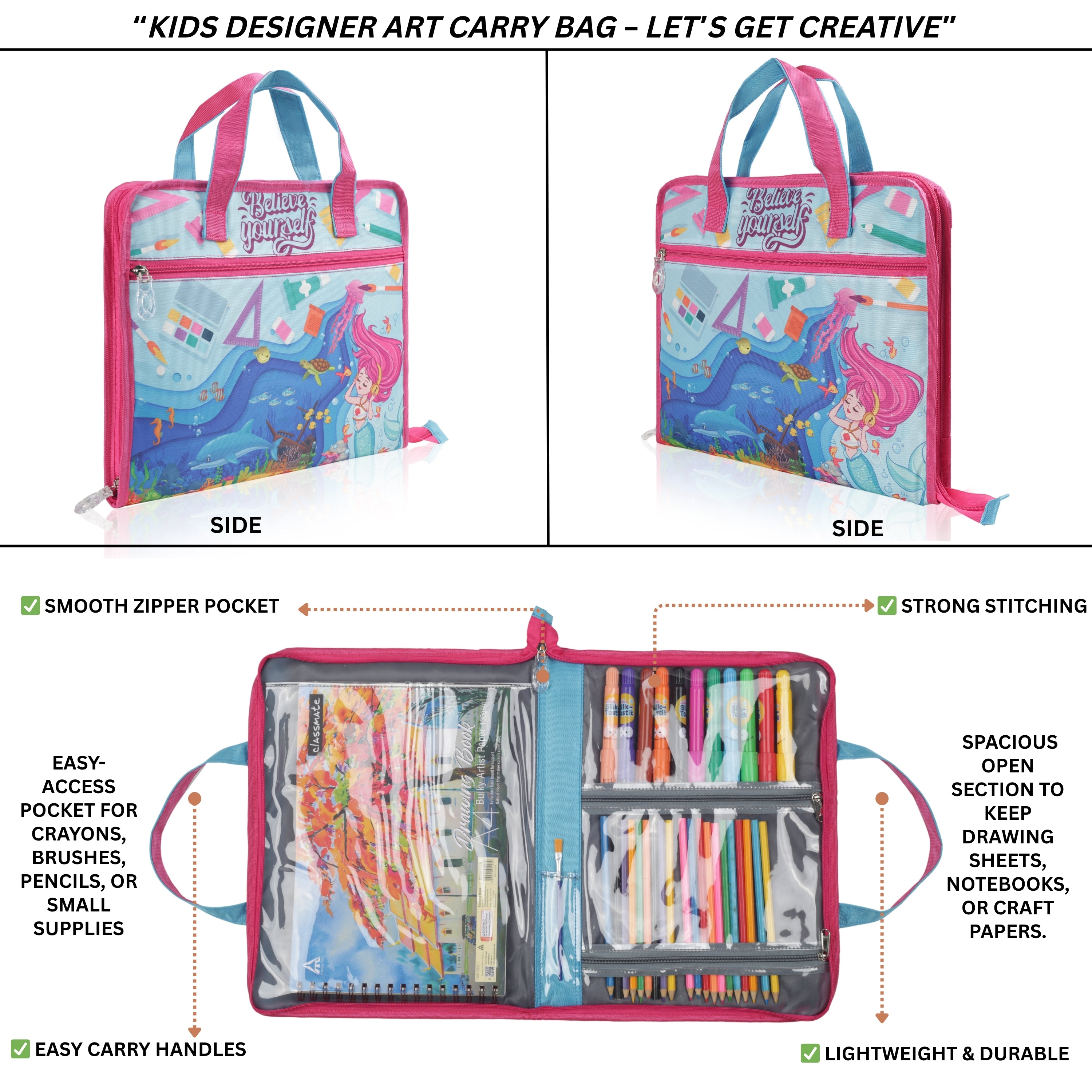 Echo Boomers A4 Kids Drawing Bag | Art & Stationery Organizer with Zipper Pocket