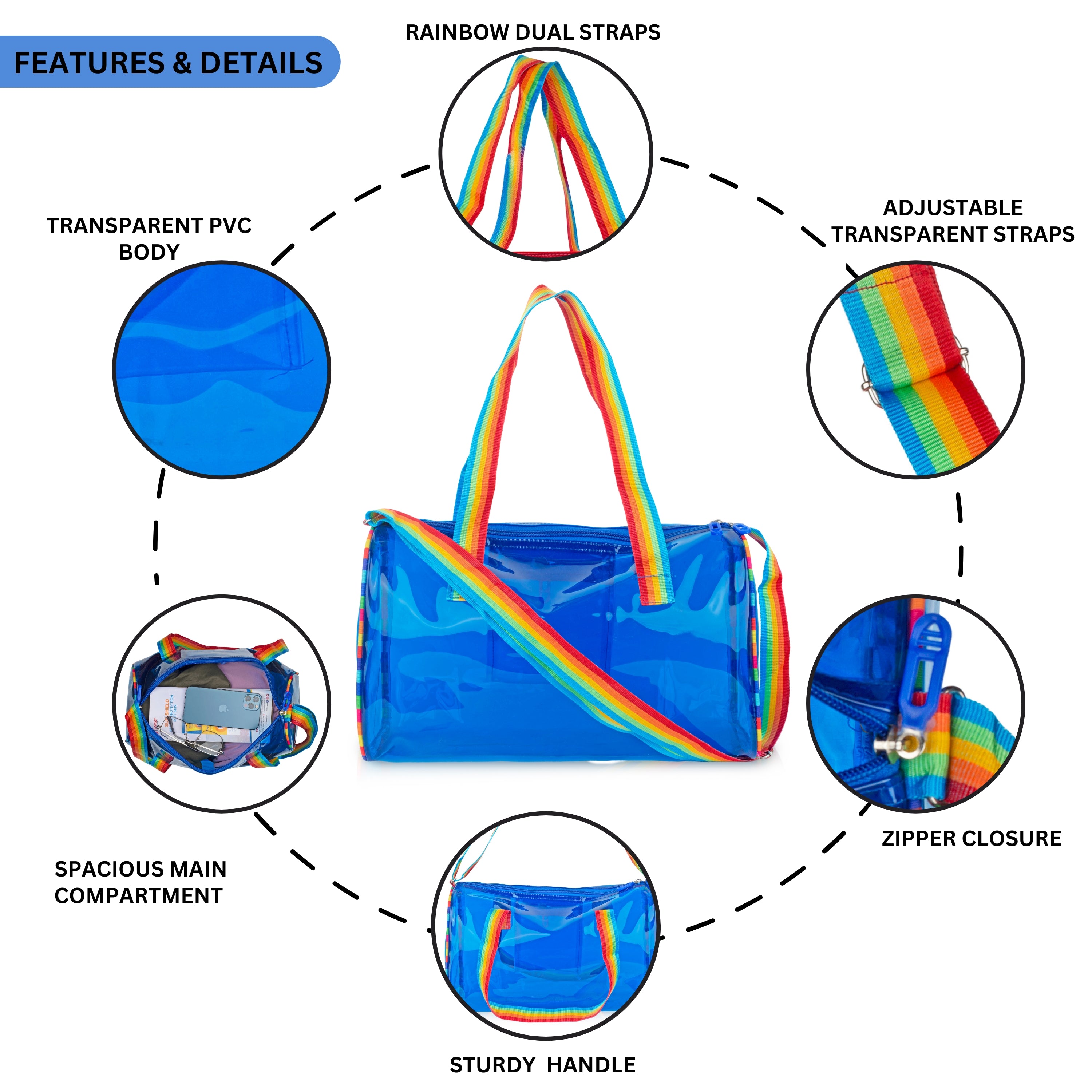 Echo Boomers See-Through Jelly Duffle –  Transparent Bag with Rainbow Handles | Trendy Handbag for School, Gym, Travel, Beach