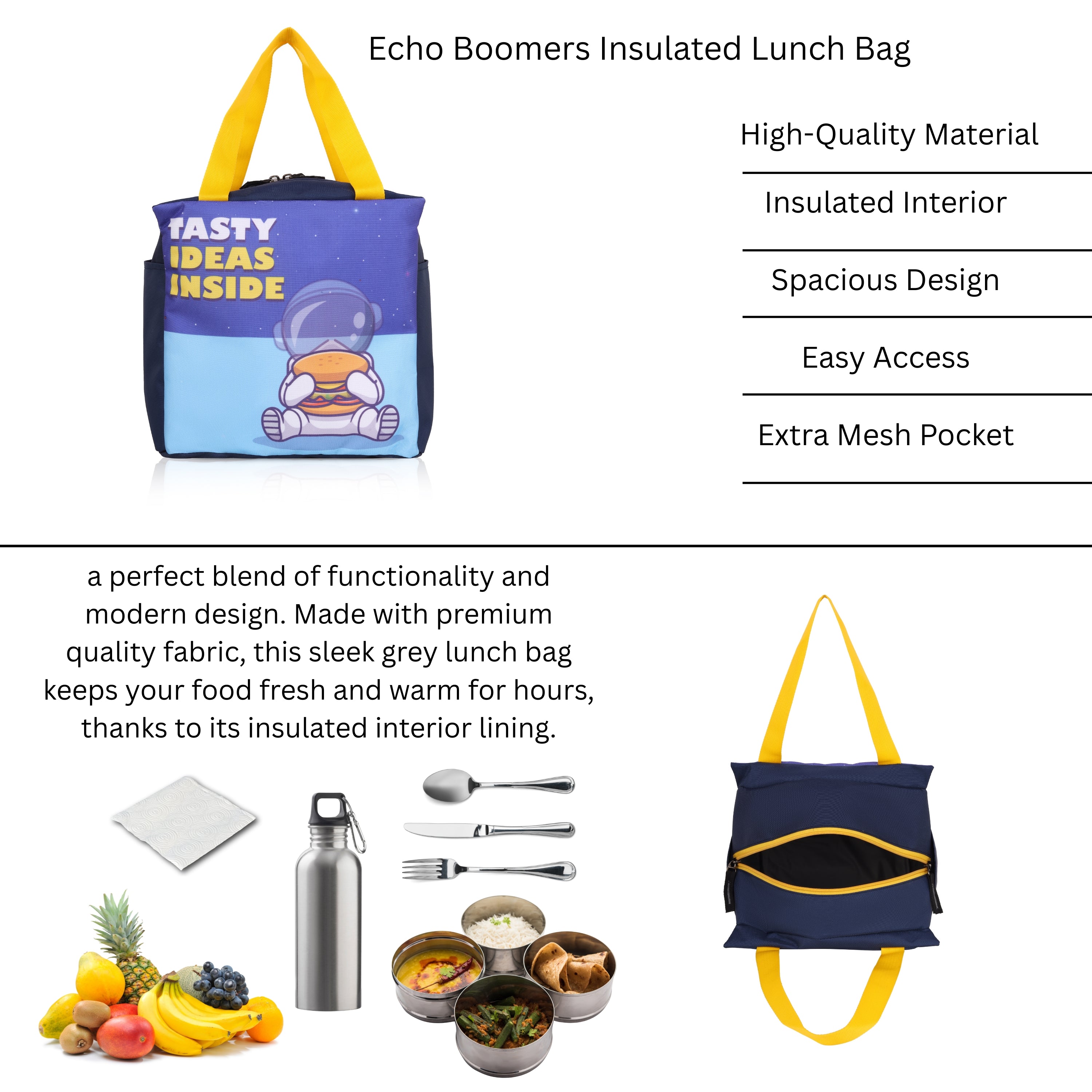 Echo Boomers Tasty Ideas Inside Spaceman Blue Lunch Bag for Kids | Stylish, Lightweight & Durable | School, Travel & Picnic Use | Sturdy Handle, Premium Zipper, Easy to Clean