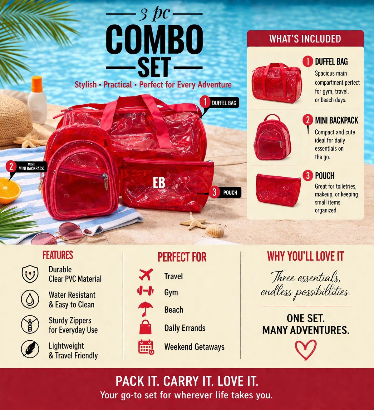 Echo Boomers Premium Orange PVC Transparent Bag Combo Set (3 pcs) – Duffel Bag, Mini Backpack & Pouch | Waterproof Travel, Gym & Toiletry Organizer for Men & Women