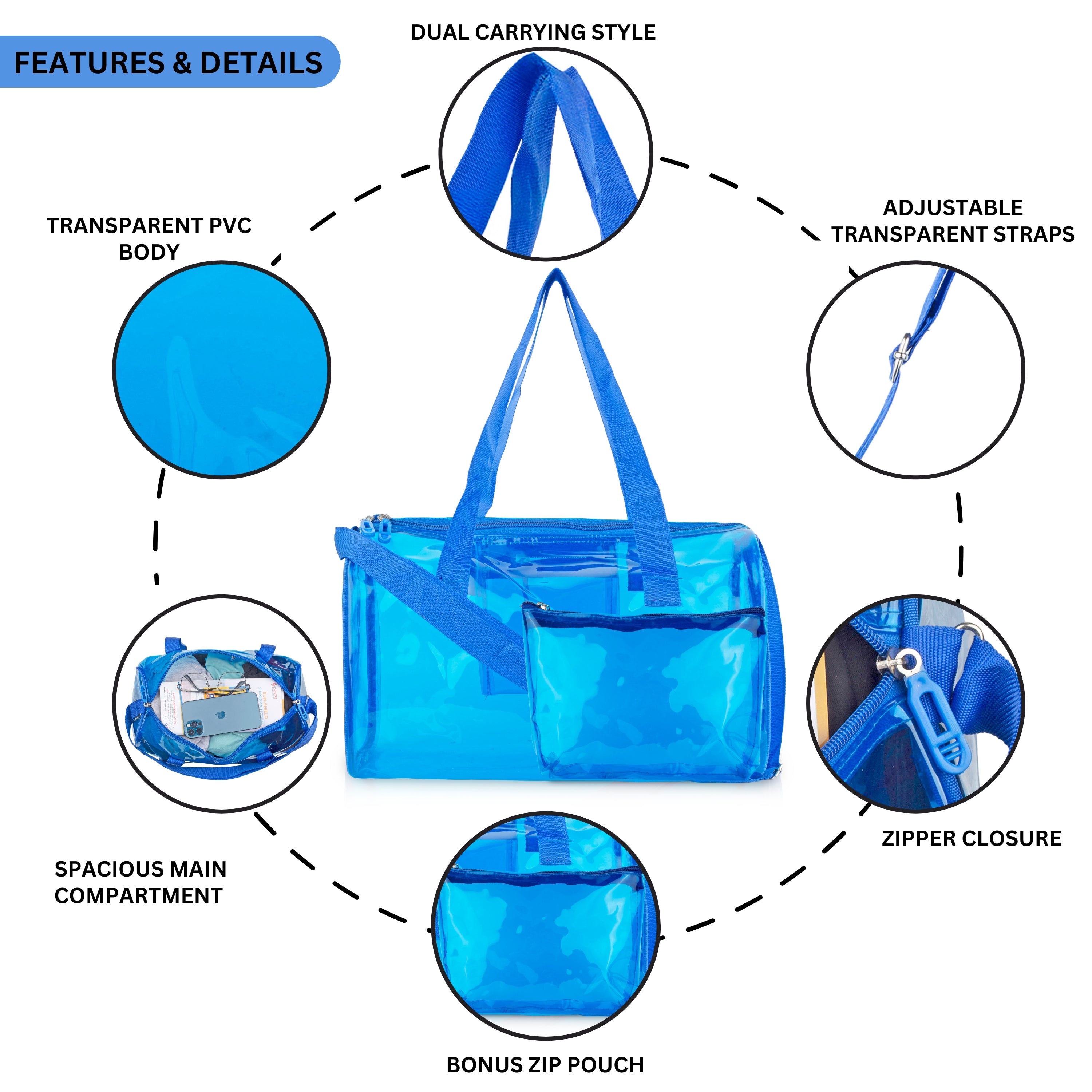 Echo Boomers Bold Blue Transparent Jelly Duffle Bag with Matching Pouch | 50 GSM Waterproof PVC Travel Gym Tote | Lightweight Shoulder Handbag for Women, Girls, College, Sports & Weekend Trips