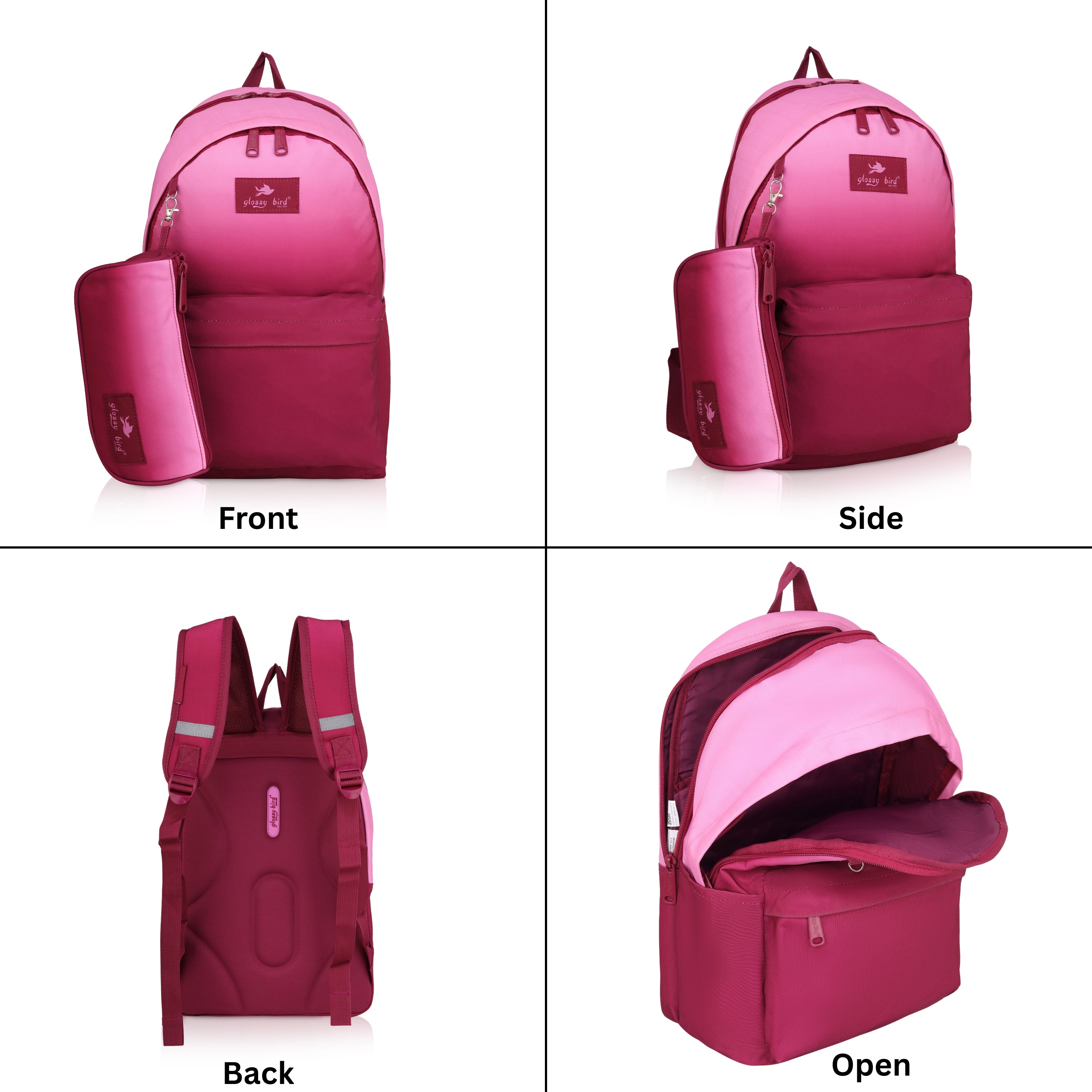 Echo Boomers Glossy Bird Backpack with Pouch – Casual Backpack with Compartments, Front Pocket, Bottle Holder – Ideal for School, College, Travel – Boys, Girls, Men, Women (Pink)