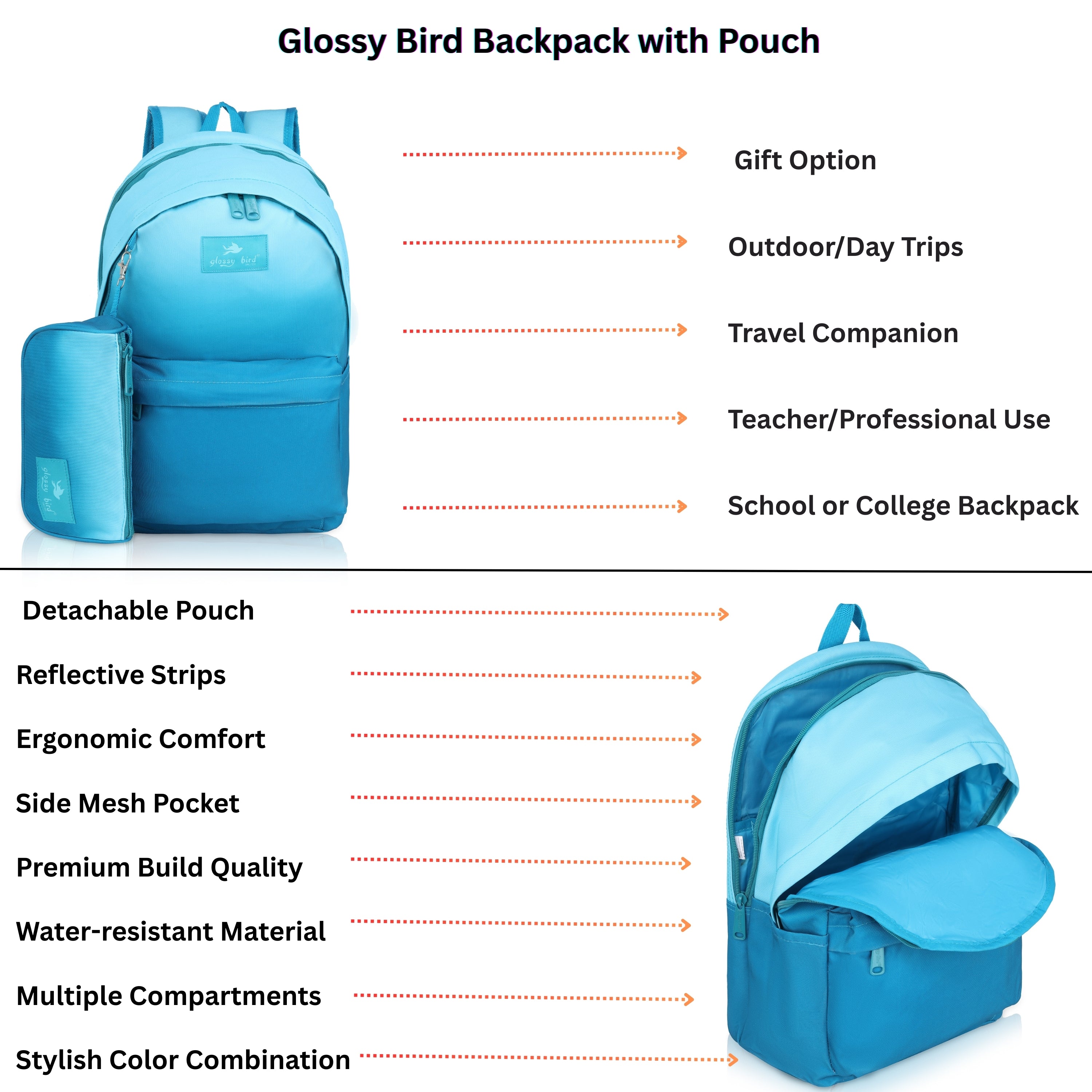 Echo Boomers Glossy Bird Backpack with Pouch – Casual Backpack with Compartments, Front Pocket, Bottle Holder – Ideal for School, College, Travel – Boys, Girls, Men, Women (Pink)