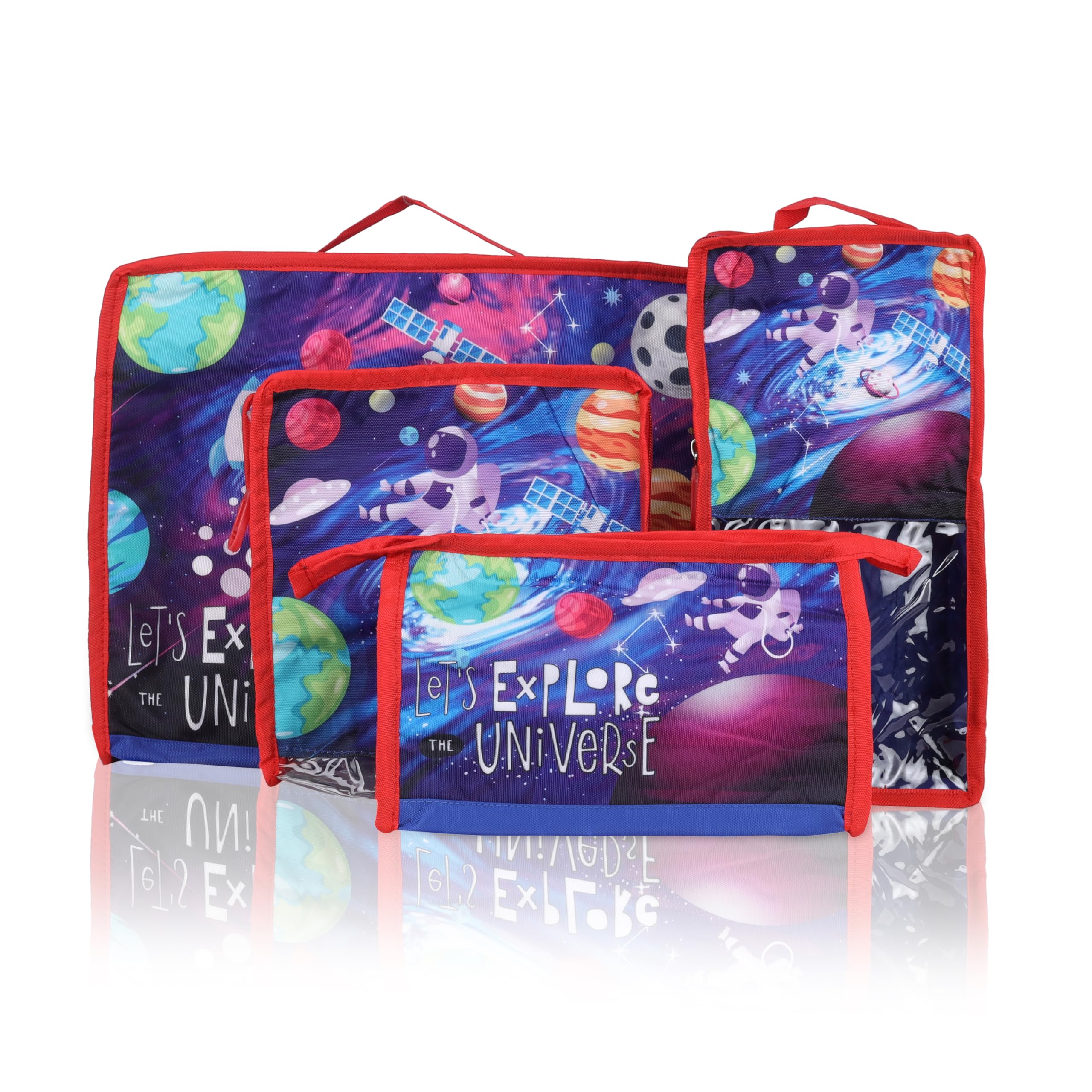 Echo Boomers Explore the Universe 4-Piece Travel Organizer Set - Red and Sky Blue Packing Cubes with Space Print