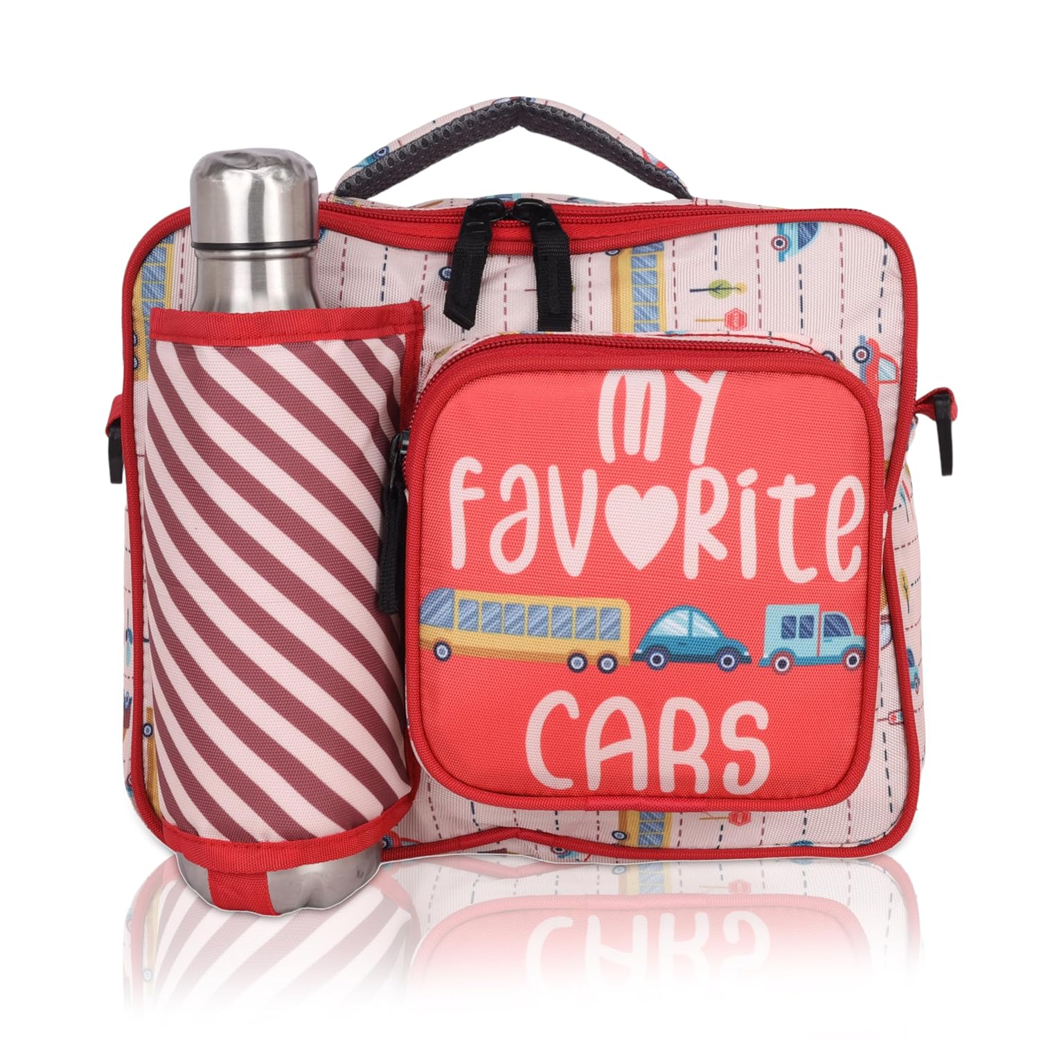 Echo Boomers Red Cars Print Insulated Tiffin Lunch Bags for Kids with Multi Zipper Pockets