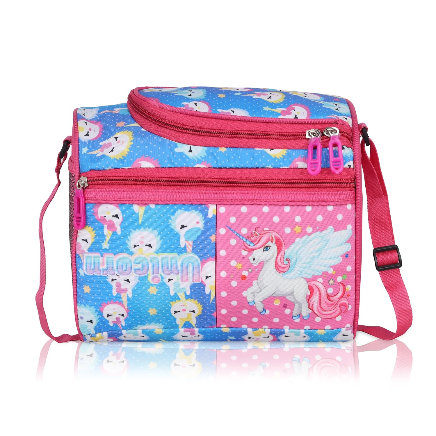 Echo Boomers Unicorn Printed Double Insulated Tiffin Lunch Bag with Multi Zipper Pockets - Pink