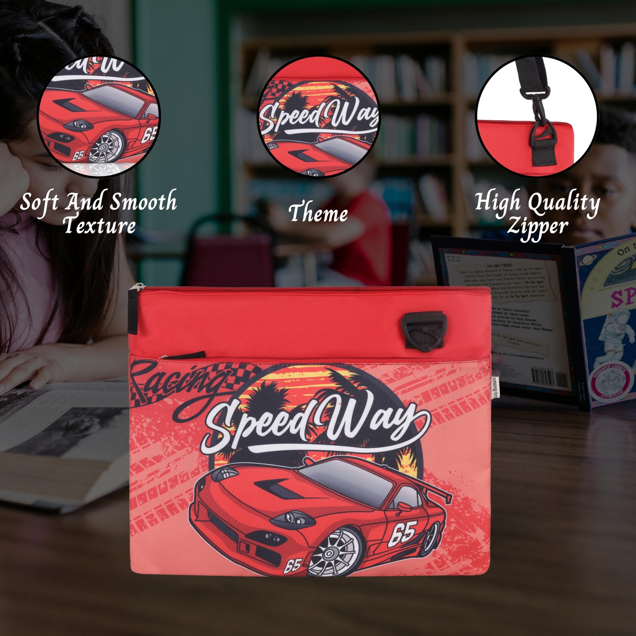 Echo Boomers Racing Car Themed Design Exam & Activity Sling Bag | 3 Compartments | Cushioned & Detachable Strap | Ideal for Outdoor Travel