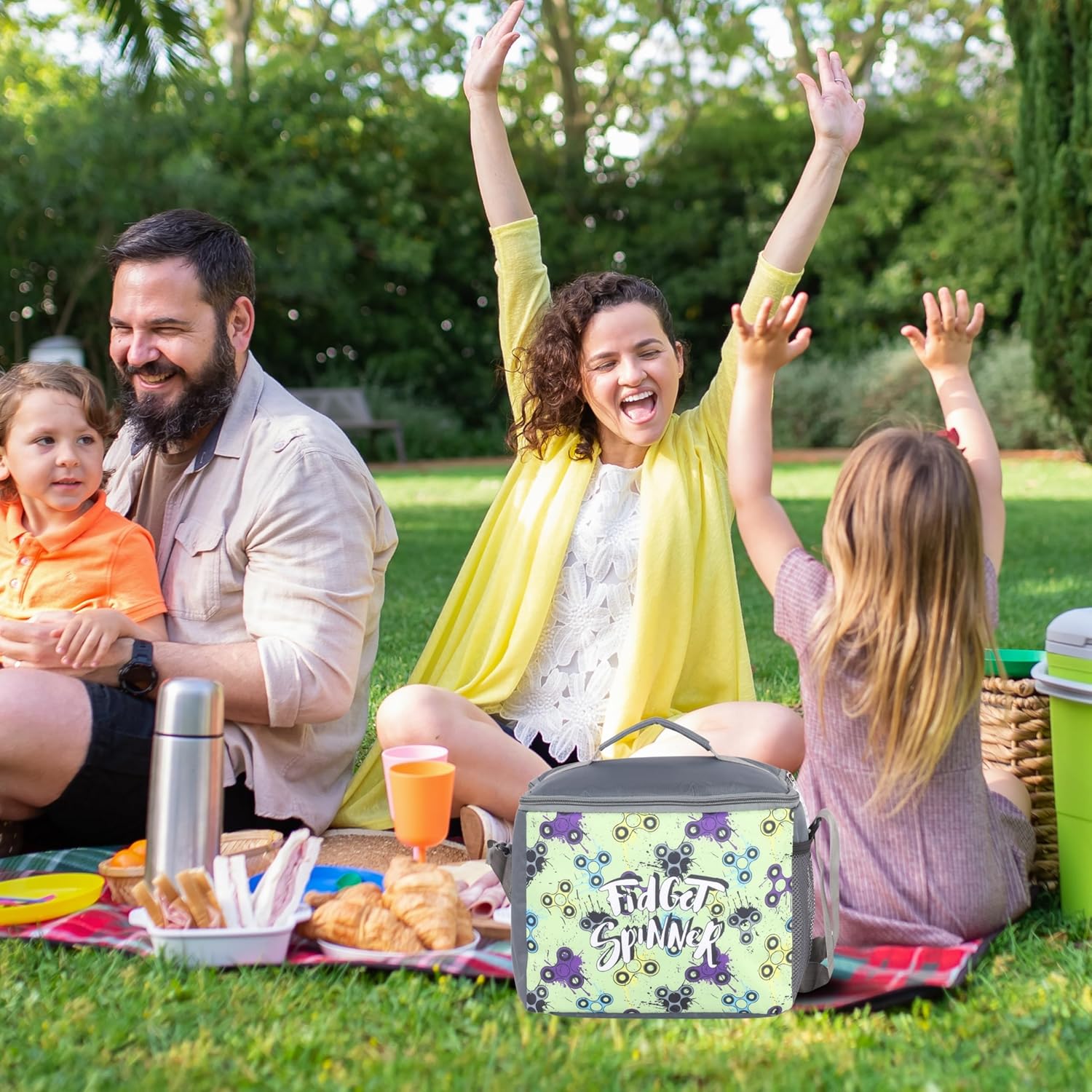 Echo Boomers Fidget Printed Insulated Lunch Bag, Tiffin and Food Storage Bag for Work, Students, Office, Picnic, College & School with Bottle Holder & Multiple Zipper Pockets