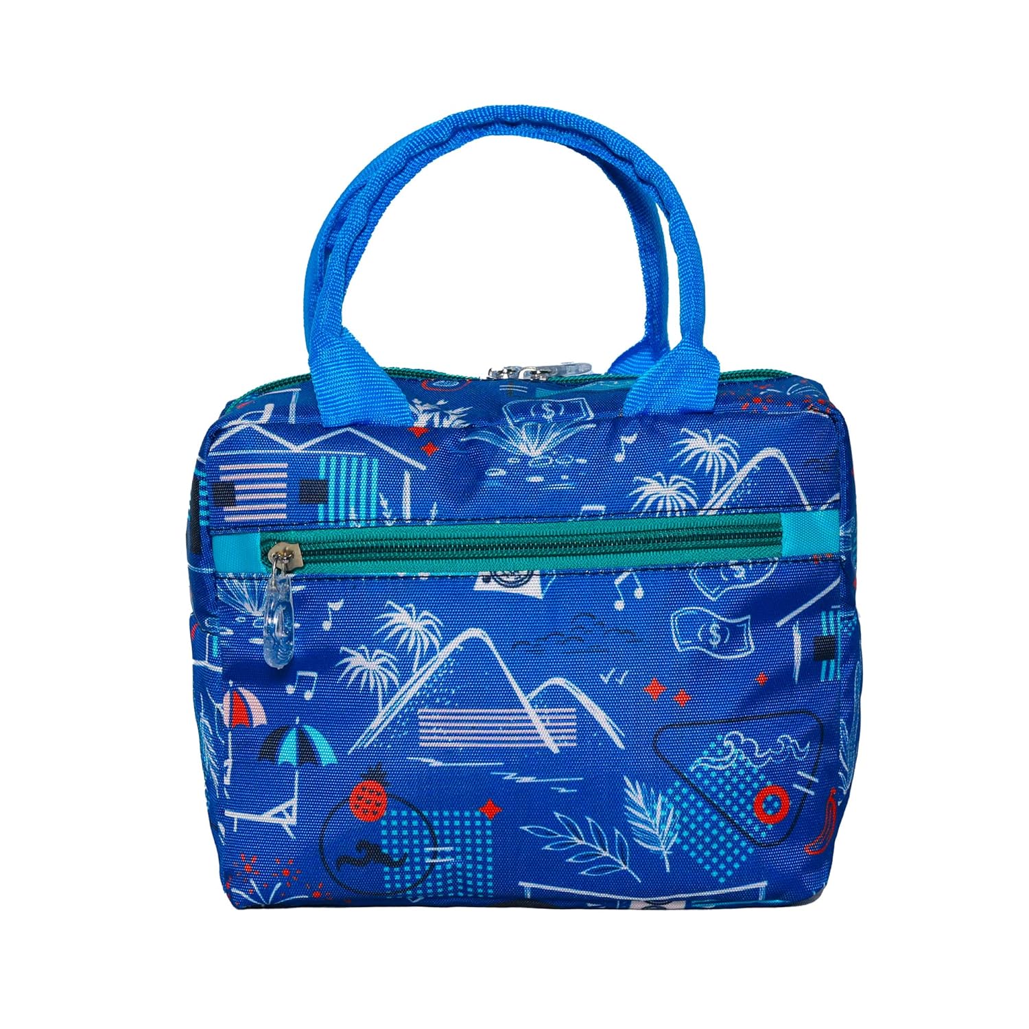 Echo Boomers Beach Printed Insulated Lunch Bag, Tiffin and Food Storage Bag for Work, Students, Office, Picnic, College & School with Multiple Zipper Pockets (Blue)