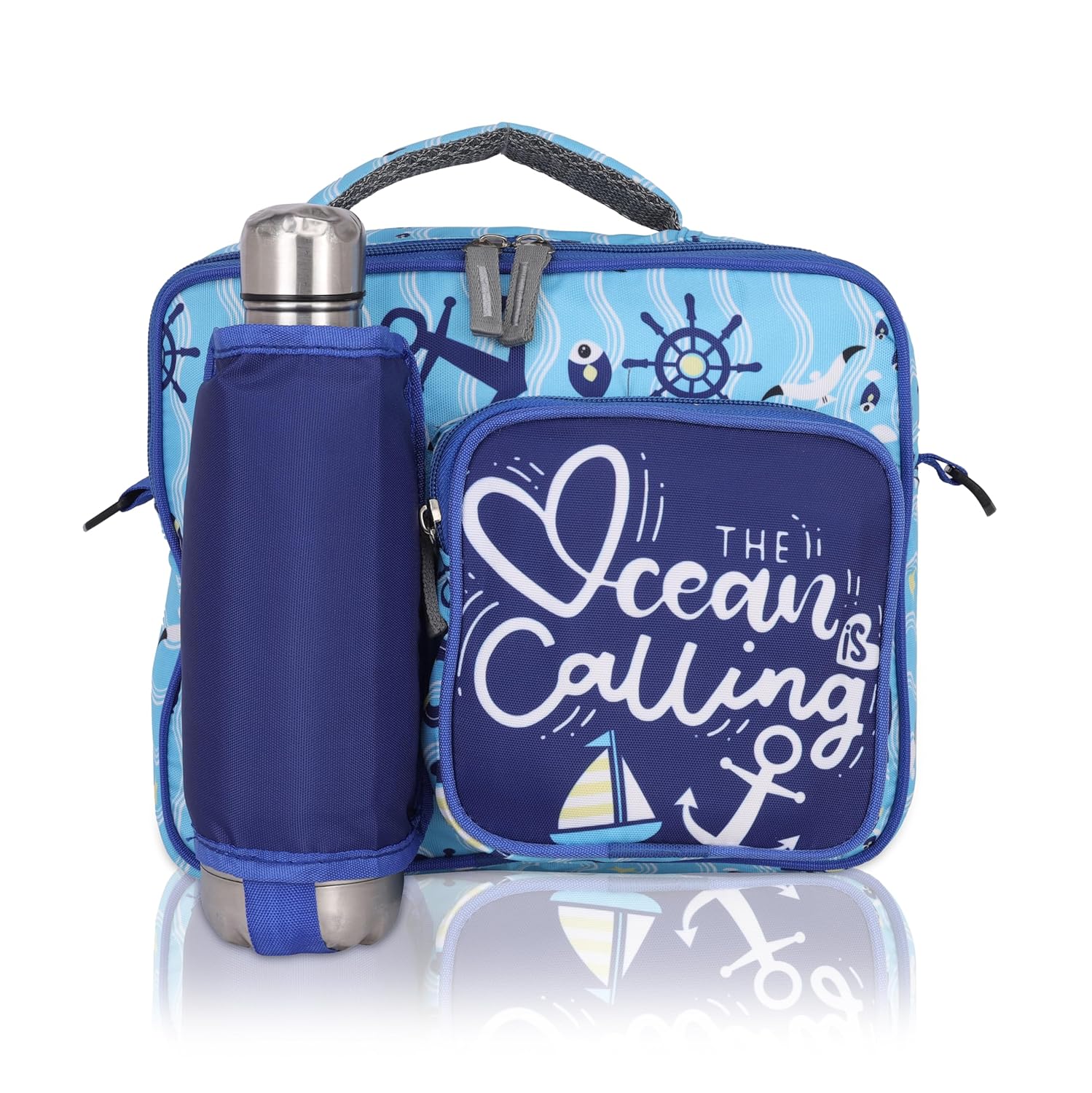 Echo Boomers Blue Ocean Print Insulated Tiffin Lunch Bags for Kids with Multi Zipper Pockets