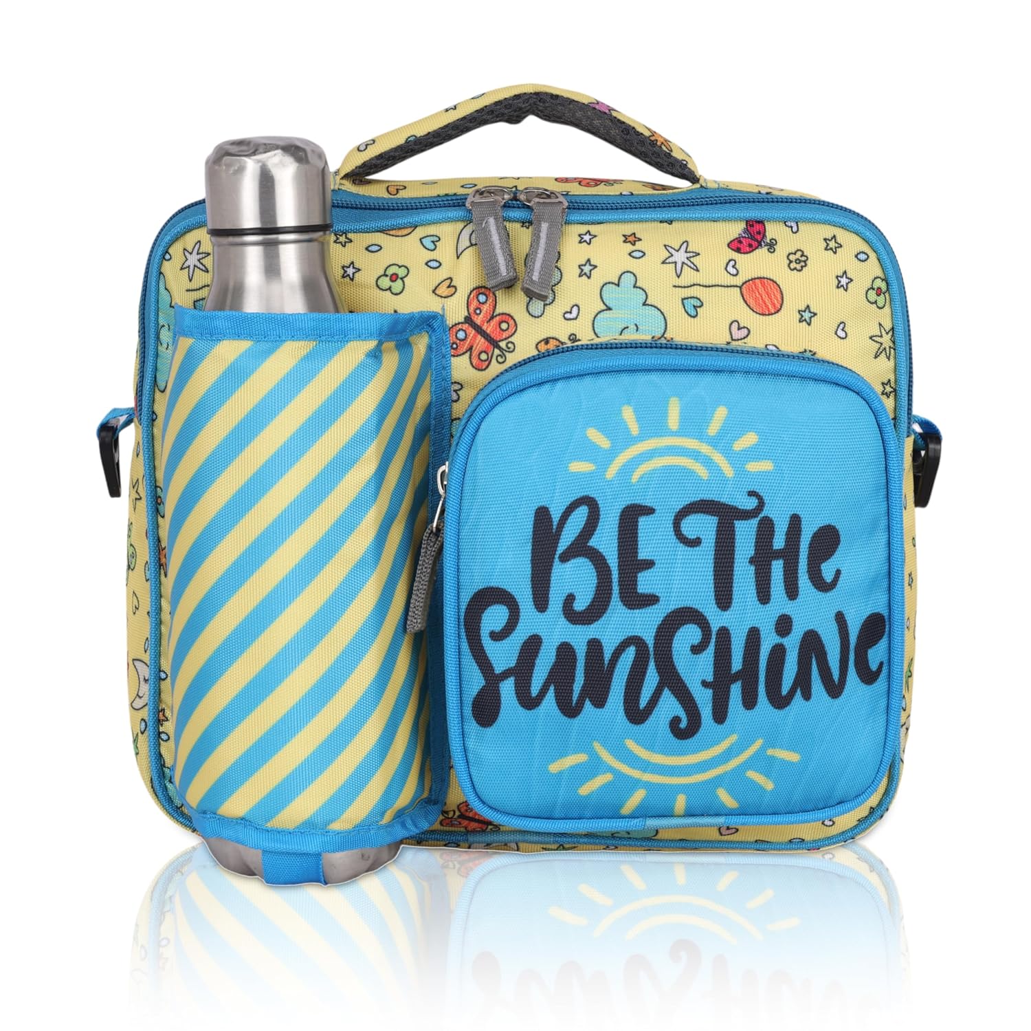 Echo Boomers Yellow Sunshine Print Insulated Tiffin Lunch Bags for Kids with Multi Zipper Pockets