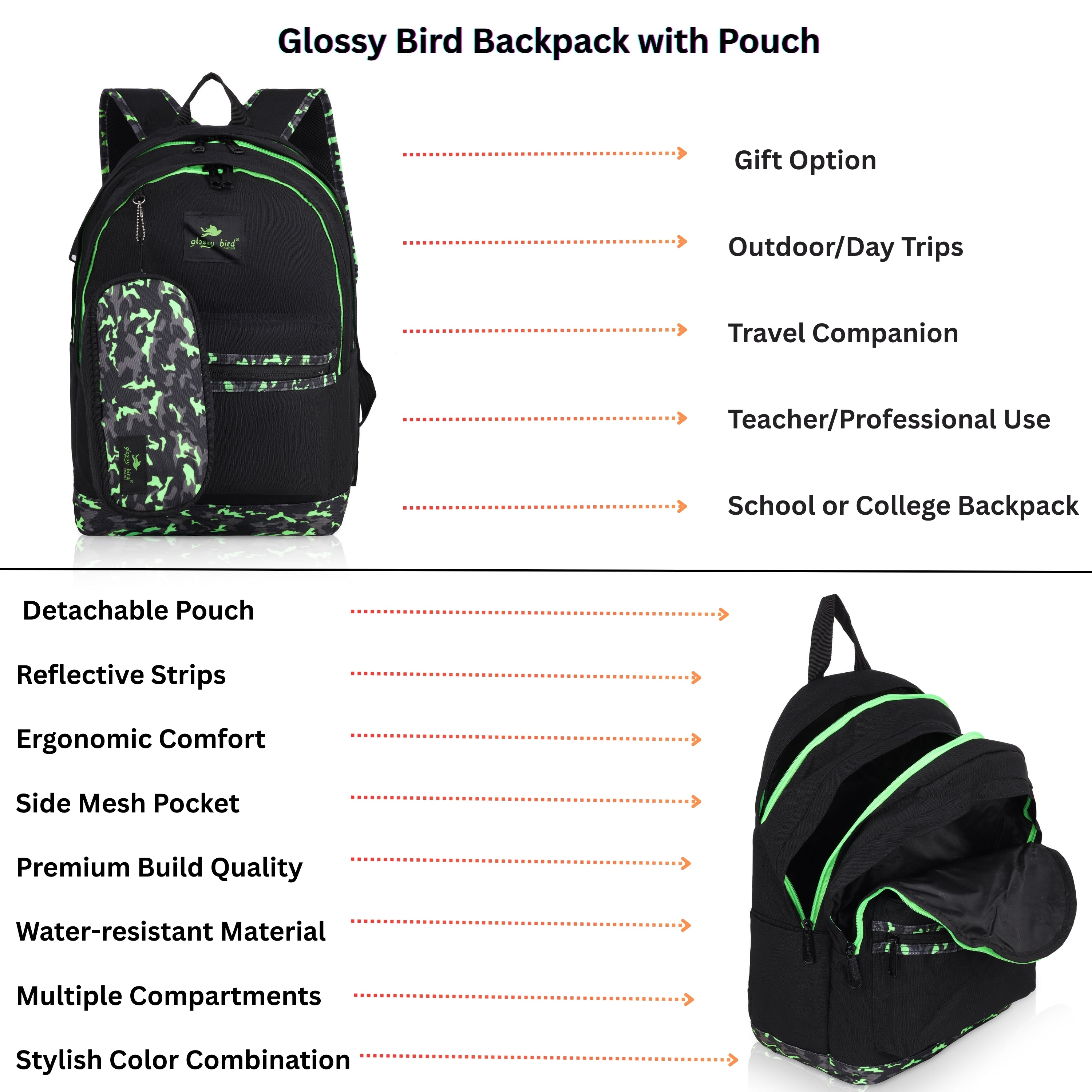 Echo Boomers Glossy Bird Backpack (PURPLE) – Water-Resistant School, Travel & Office Bag for Men & Women with Detachable Pouch, Padded Straps, Multi-Pockets & Reflective Strips