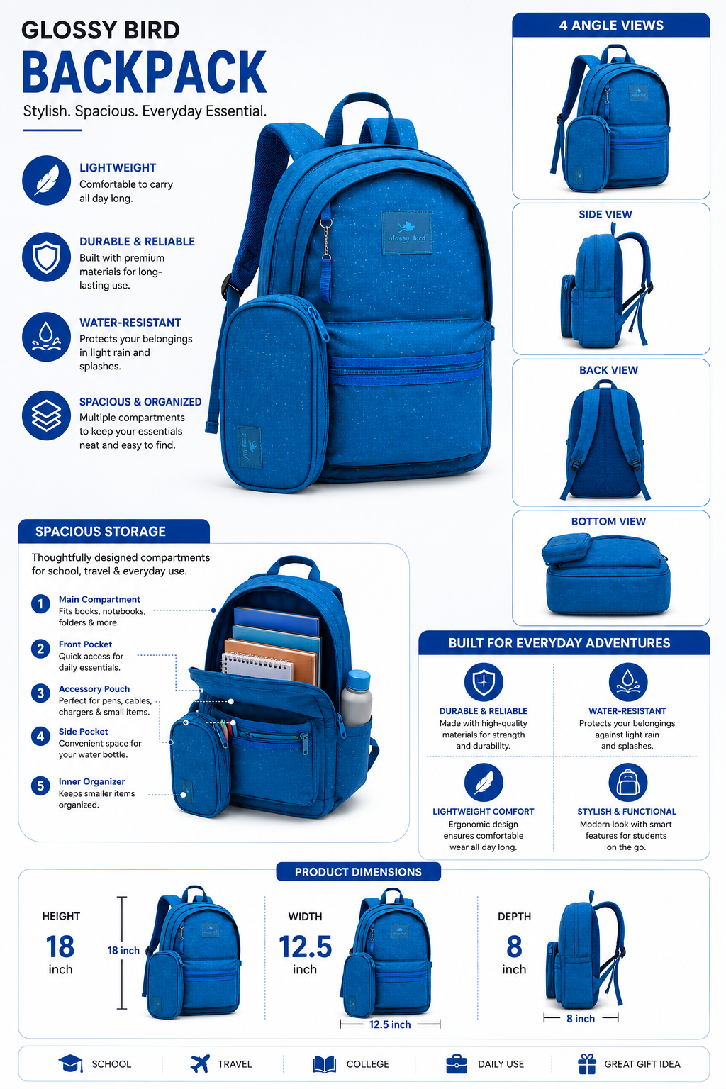 Echo Boomers Glossy Bird Everyday Backpack with Pencil Pouch| Water-Resistant Backpack for School, College, Office & Travel | Lightweight with Multiple Compartments