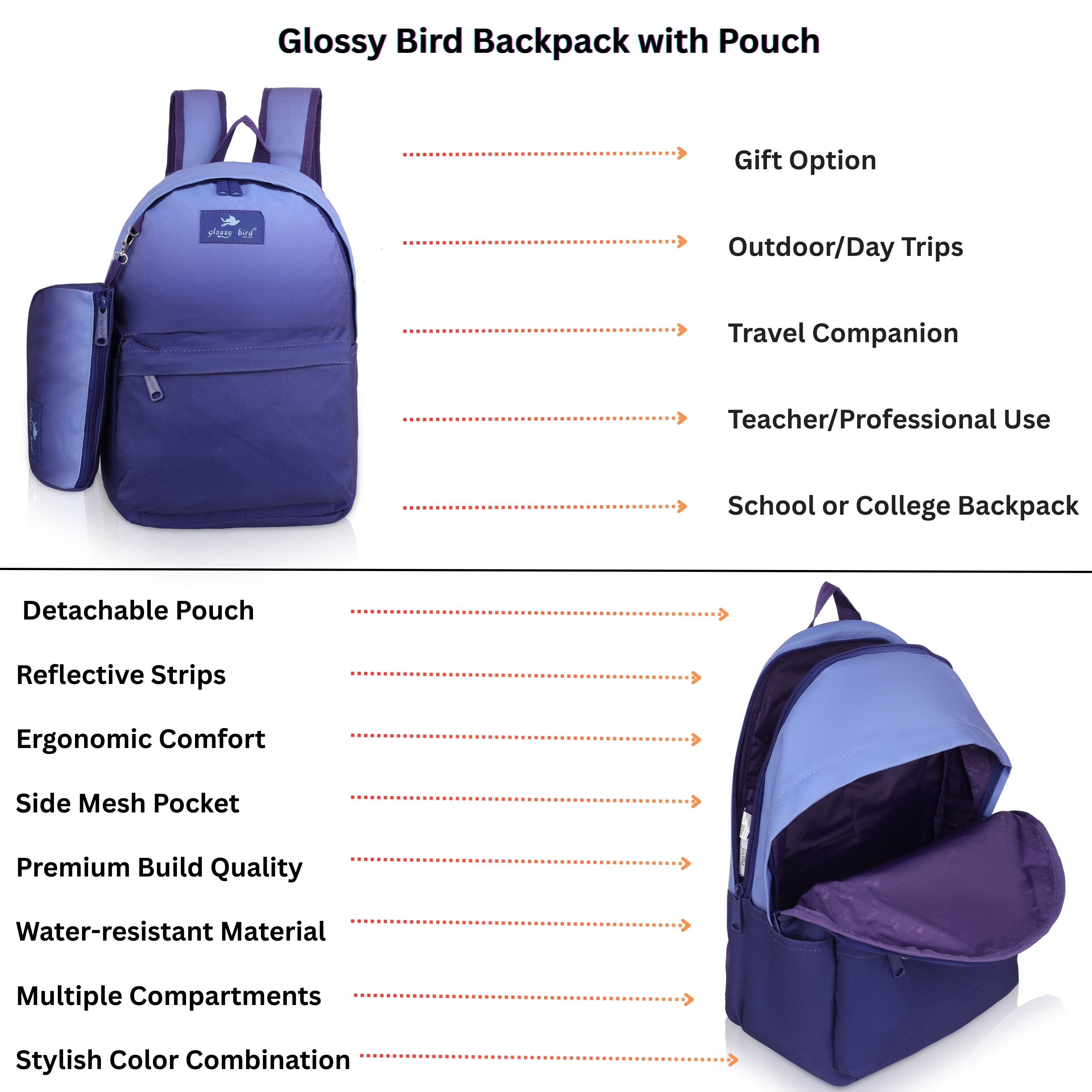 Echo Boomers Glossy Bird Backpack with Pouch – Casual Backpack with Compartments, Front Pocket, Bottle Holder – Ideal for School, College, Travel – Boys, Girls, Men, Women (Pink)