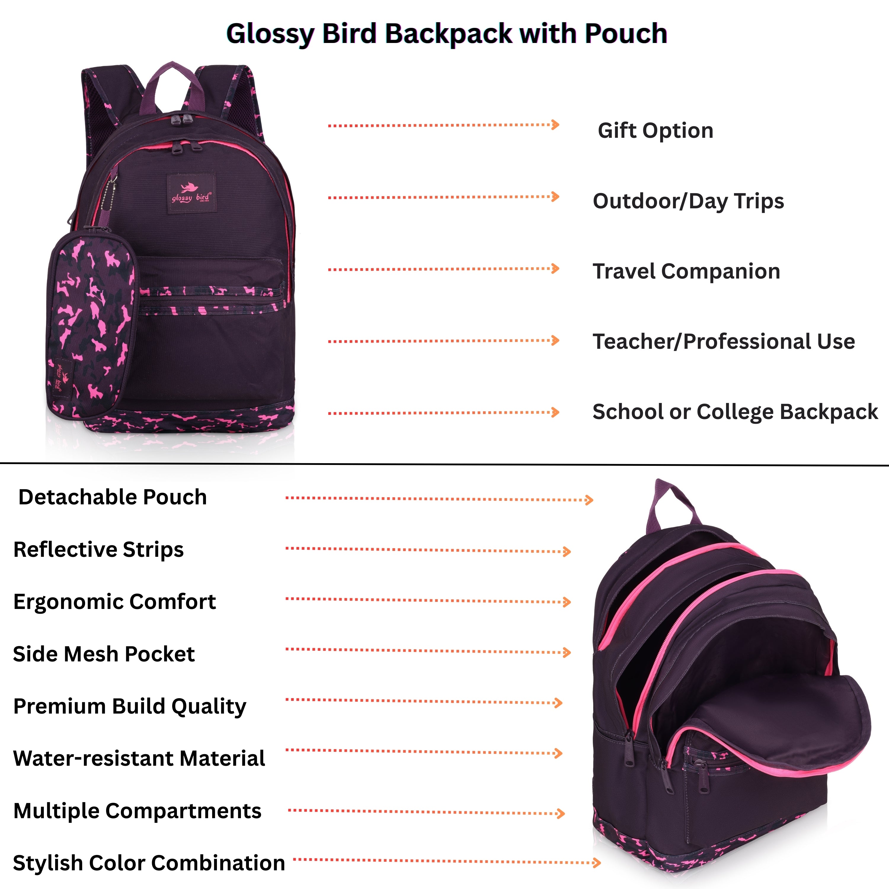 Echo Boomers Glossy Bird Backpack (PURPLE) – Water-Resistant School, Travel & Office Bag for Men & Women with Detachable Pouch, Padded Straps, Multi-Pockets & Reflective Strips