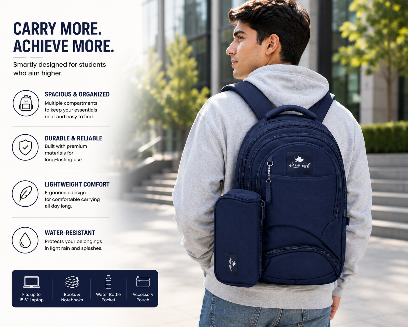 Echo Boomers Glossy Bird Explorer Backpack with Pencil Pouch | Lightweight Water-Resistant School, College, Office & Travel Backpack with Multiple Compartments