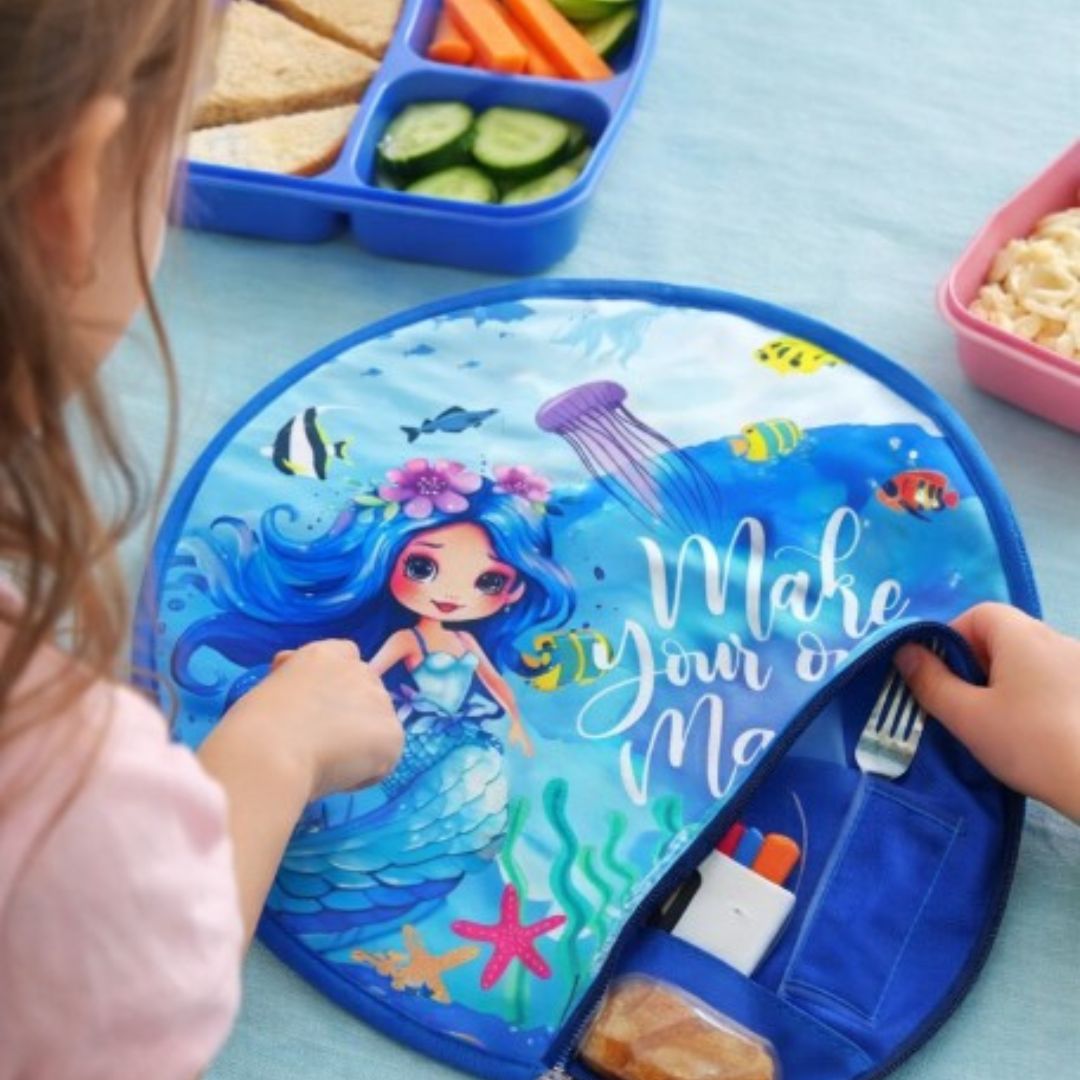 Echo Boomers Multi design & Theme Round Folding Dining Mat for Kids | 10 x 10 Inch Cutlery Holder | Portable Kids Lunch Mat with Spoon & Fork Pockets