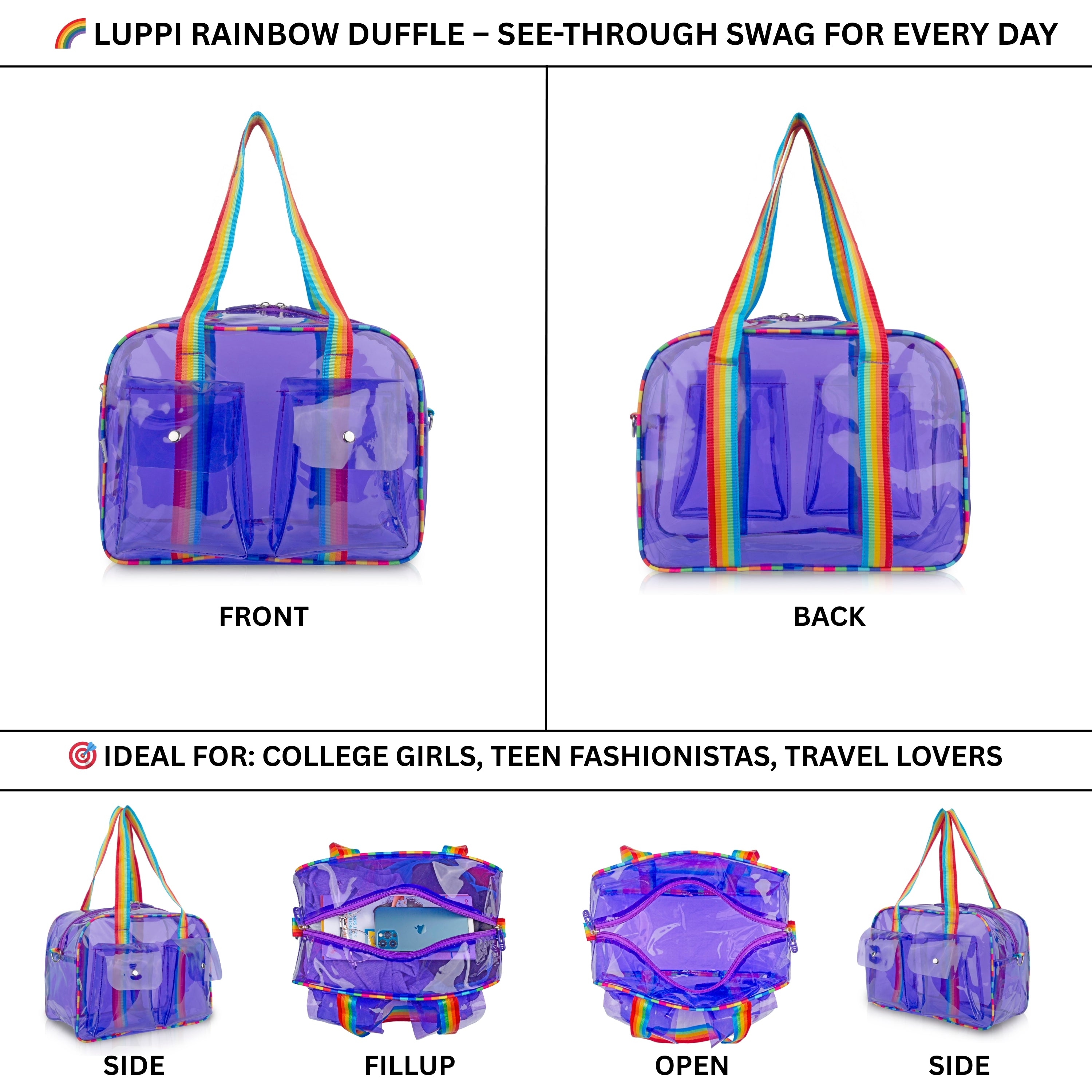 Echo Boomers Unisex Transparent Jelly Duffle Bag – Trendy  Travel Tote with Rainbow Straps & Dual Front Pockets – Fashion Gym, College & Weekend Bag