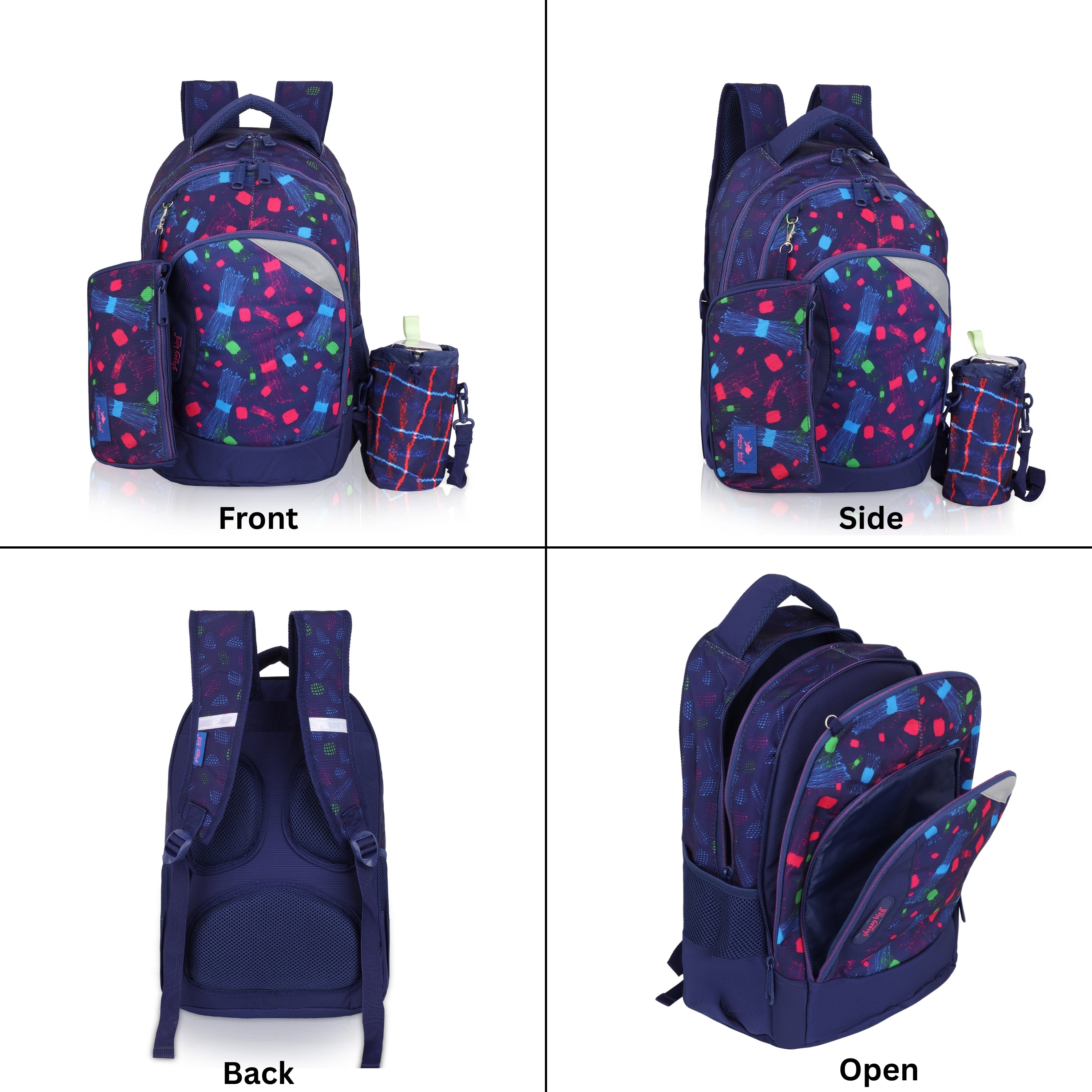 Echo Boomers Glossy Bird Backpack (BLACK) – Lightweight Water-Resistant School Bag for Girls & Boys with Detachable Pouch & Bottle Holder – Stylish Multi-Pocket Travel Backpack