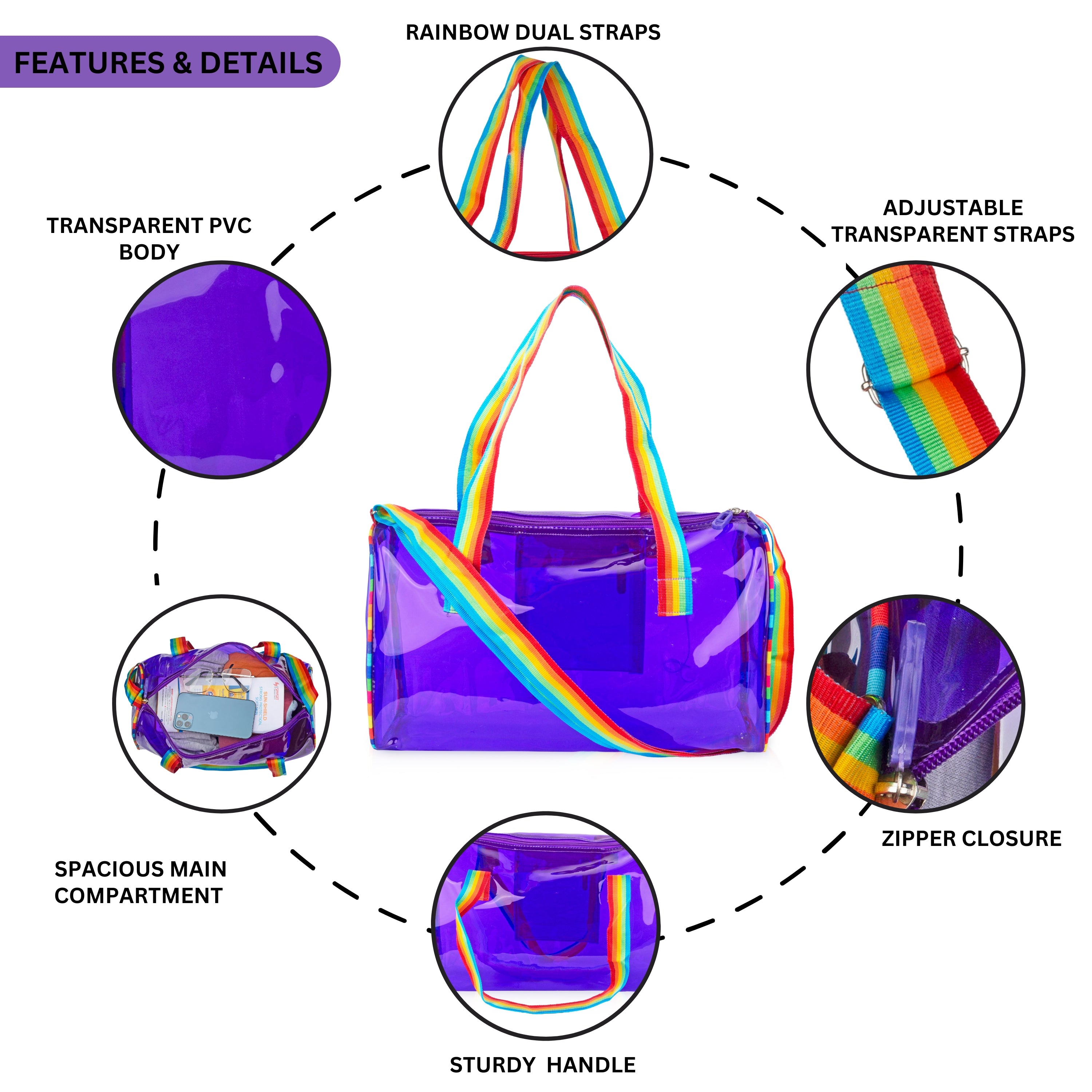 Echo Boomers See-Through Jelly Duffle –  Transparent Bag with Rainbow Handles | Trendy Handbag for School, Gym, Travel, Beach