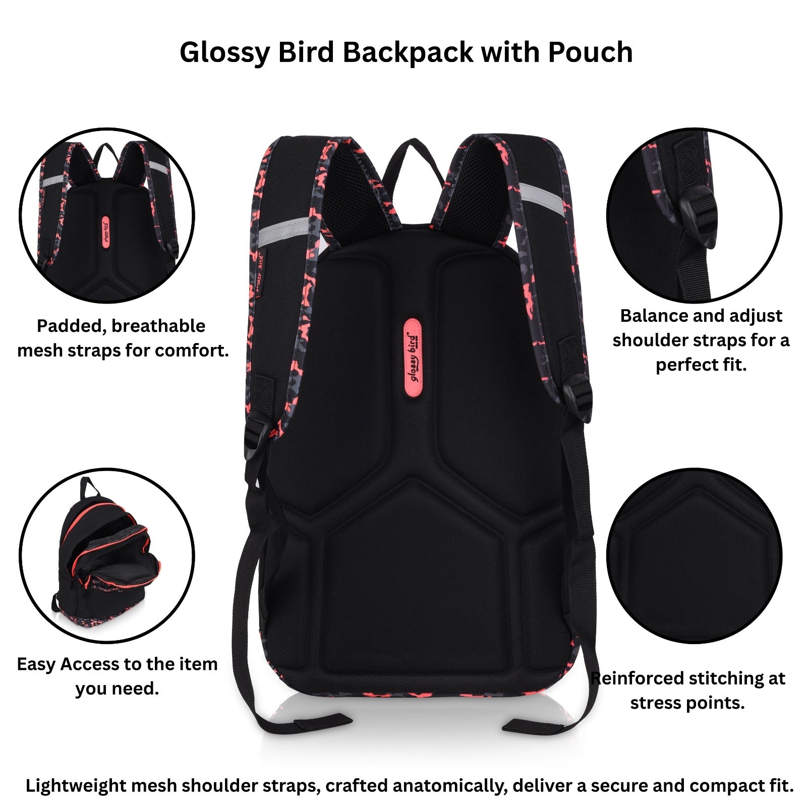 Echo Boomers Glossy Bird Backpack (PURPLE) – Water-Resistant School, Travel & Office Bag for Men & Women with Detachable Pouch, Padded Straps, Multi-Pockets & Reflective Strips