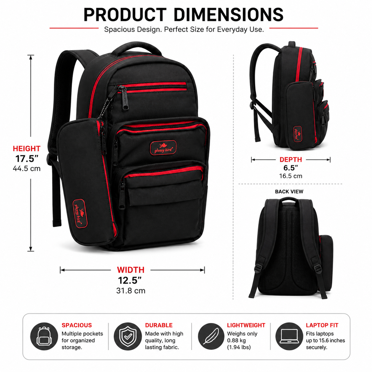 Echo Boomers Glossy Bird Everyday Backpack with Pencil Pouch| Lightweight Water-Resistant Travel, School, College & Office Backpack with Multiple Compartments