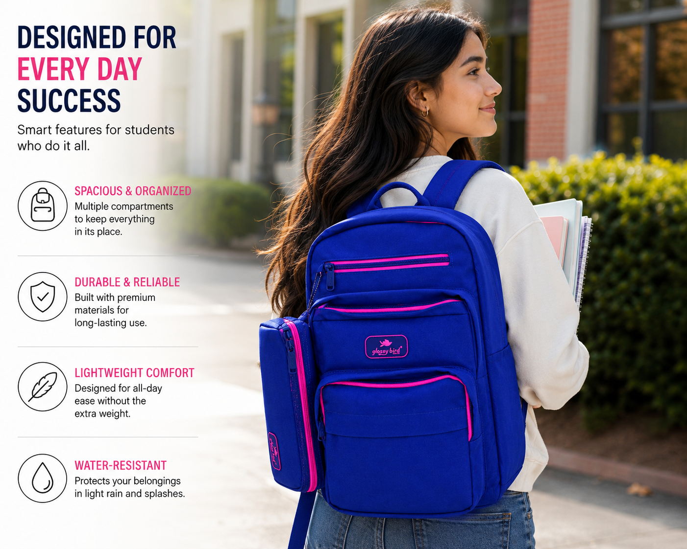 Echo Boomers Glossy Bird Everyday Backpack with Pencil Pouch| Lightweight Water-Resistant Travel, School, College & Office Backpack with Multiple Compartments