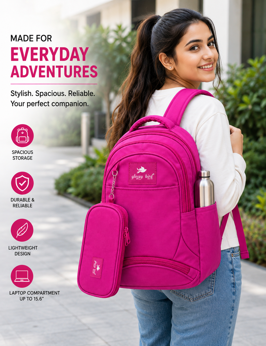 Echo Boomers Glossy Bird Explorer Backpack with Pencil Pouch | Lightweight Water-Resistant School, College, Office & Travel Backpack with Multiple Compartments