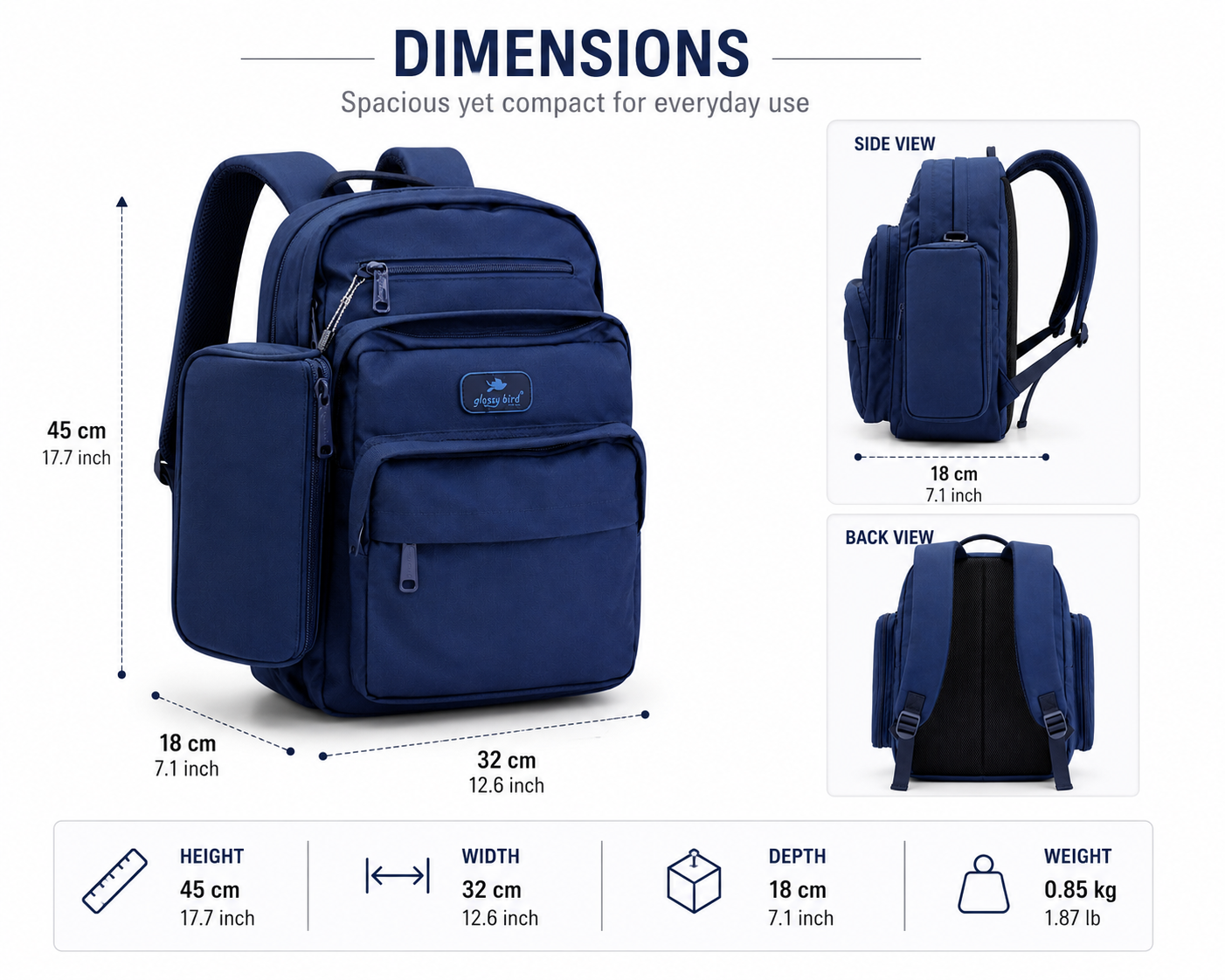 Echo Boomers Glossy Bird Everyday Backpack with Pencil Pouch| Lightweight Water-Resistant Travel, School, College & Office Backpack with Multiple Compartments