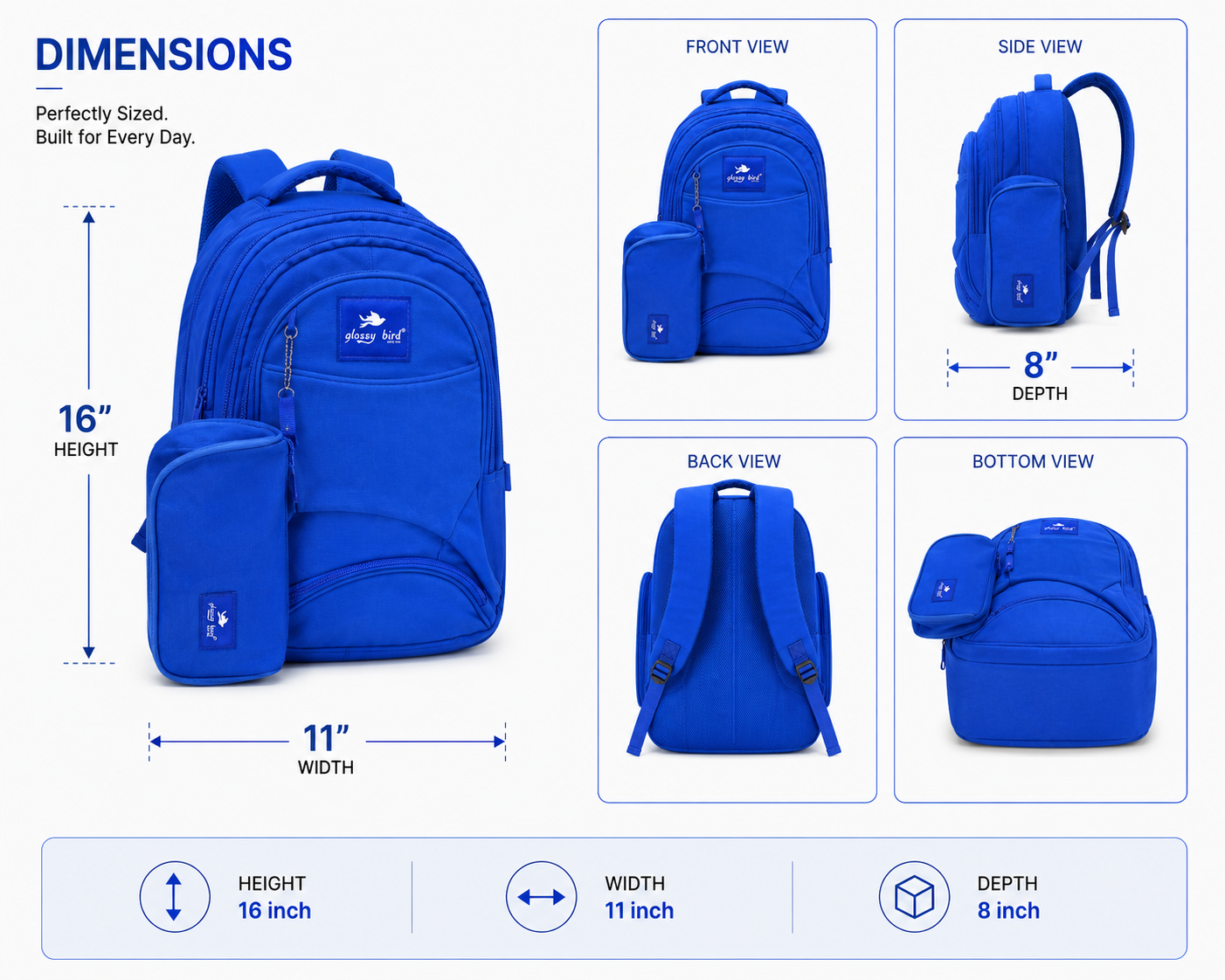 Echo Boomers Glossy Bird Explorer Backpack with Pencil Pouch | Lightweight Water-Resistant School, College, Office & Travel Backpack with Multiple Compartments