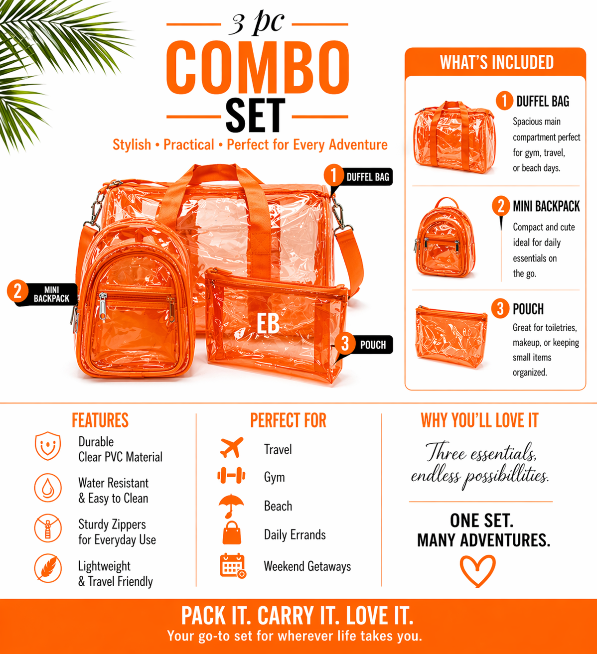 Echo Boomers Premium Orange PVC Transparent Bag Combo Set (3 pcs) – Duffel Bag, Mini Backpack & Pouch | Waterproof Travel, Gym & Toiletry Organizer for Men & Women