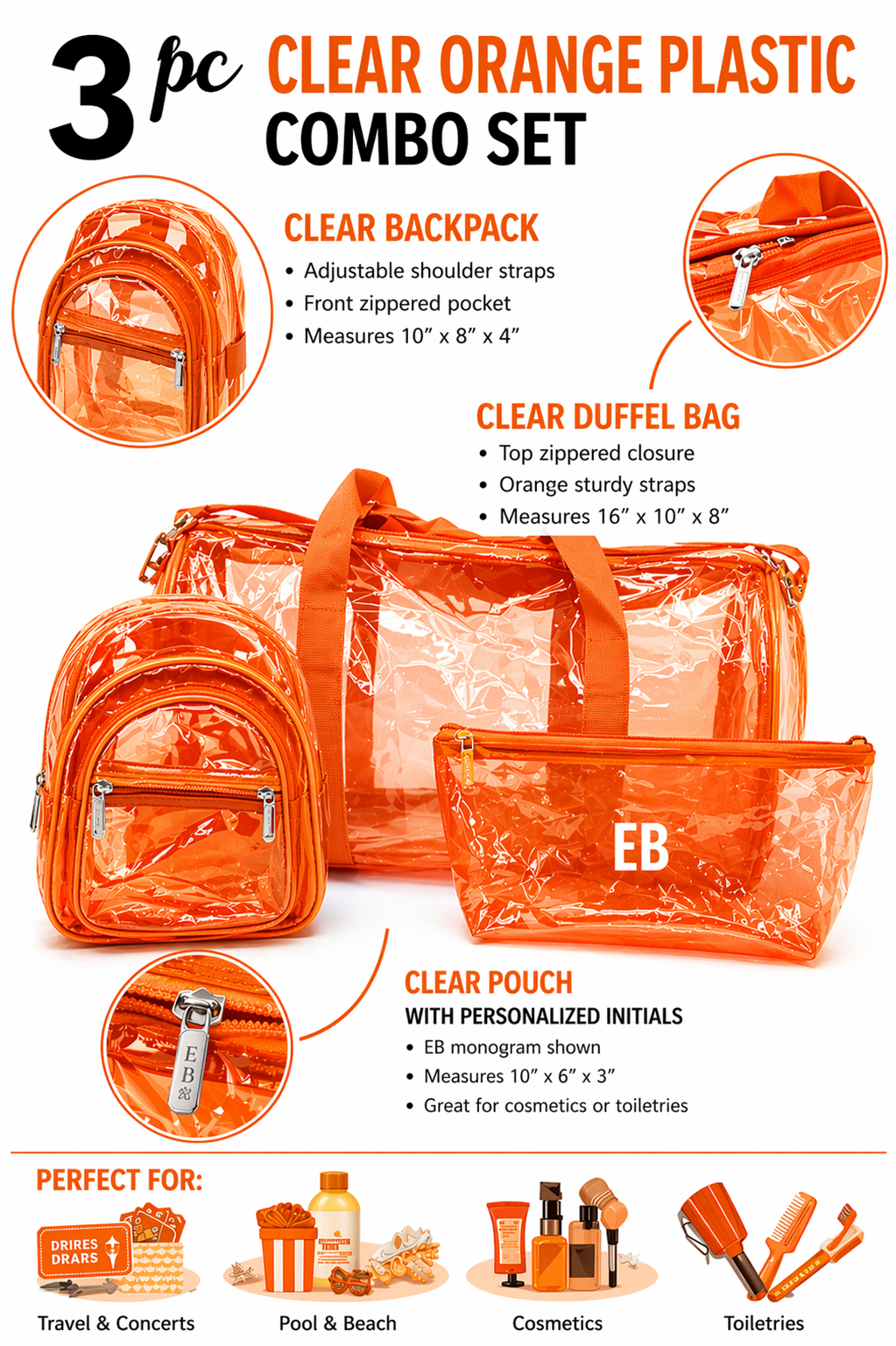 Echo Boomers Premium Orange PVC Transparent Bag Combo Set (3 pcs) – Duffel Bag, Mini Backpack & Pouch | Waterproof Travel, Gym & Toiletry Organizer for Men & Women