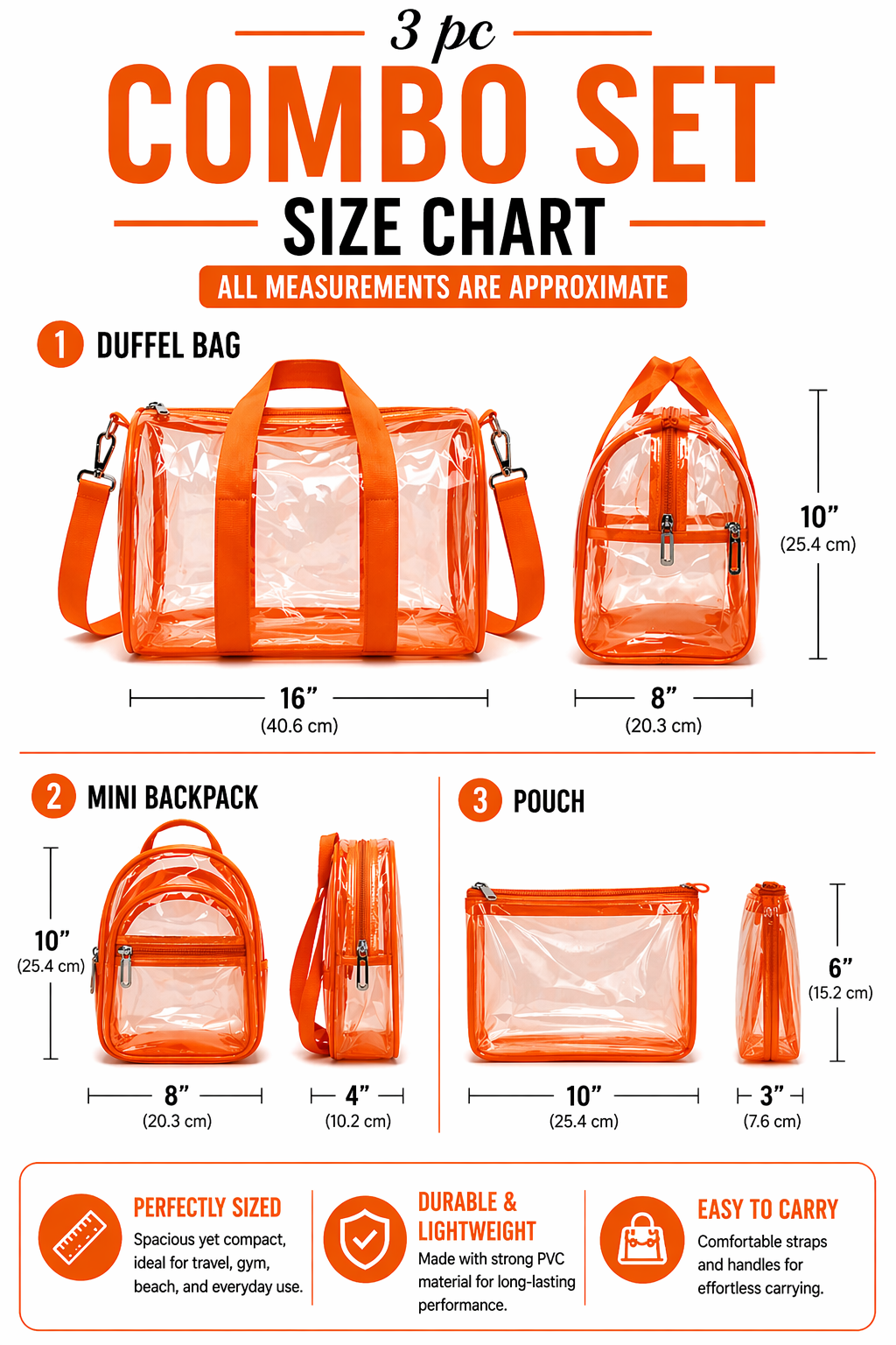 Echo Boomers Premium Orange PVC Transparent Bag Combo Set (3 pcs) – Duffel Bag, Mini Backpack & Pouch | Waterproof Travel, Gym & Toiletry Organizer for Men & Women