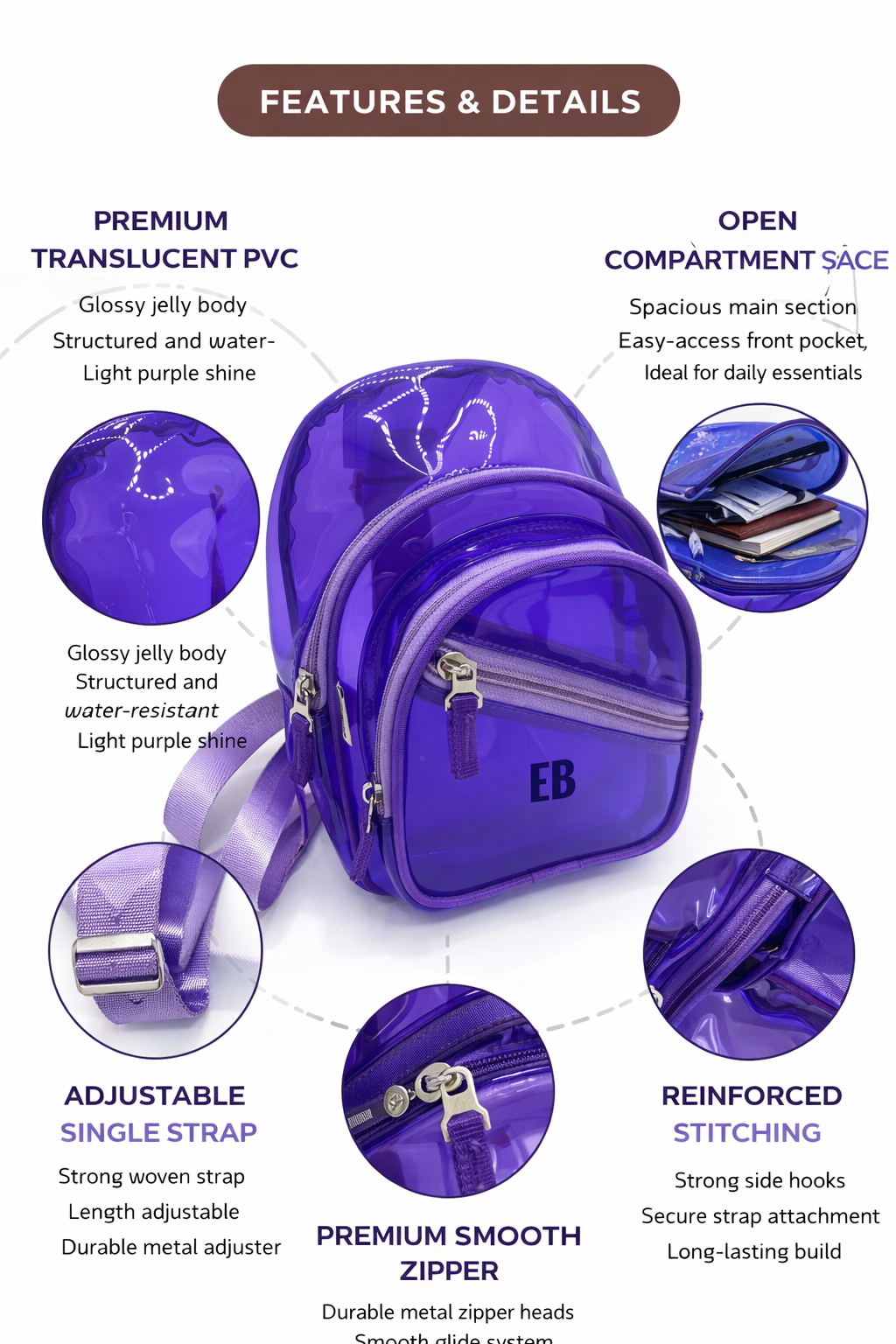 Echo Bommers Premium Translucent Charcoal Black Jelly Bag Pack of 3 with Duffle Bag Cross Body Bag and Pouch Waterproof Stylish Handbag for Women and Girls