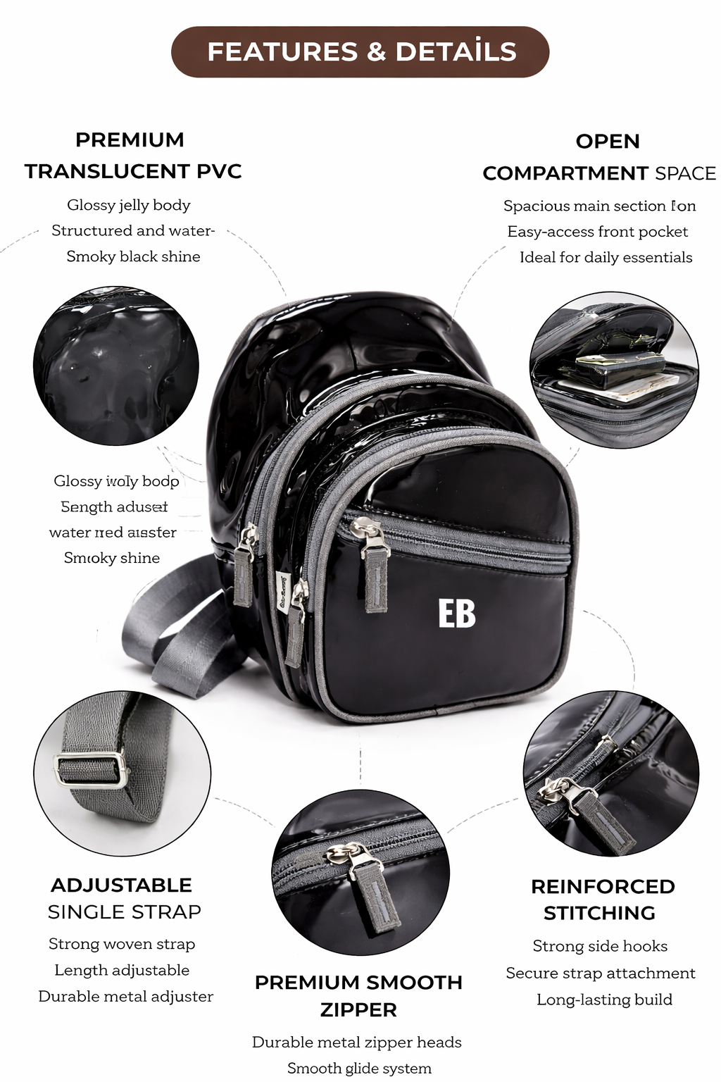 Echo Bommers Premium Translucent Charcoal Black Jelly Bag Pack of 3 with Duffle Bag Cross Body Bag and Pouch Waterproof Stylish Handbag for Women and Girls