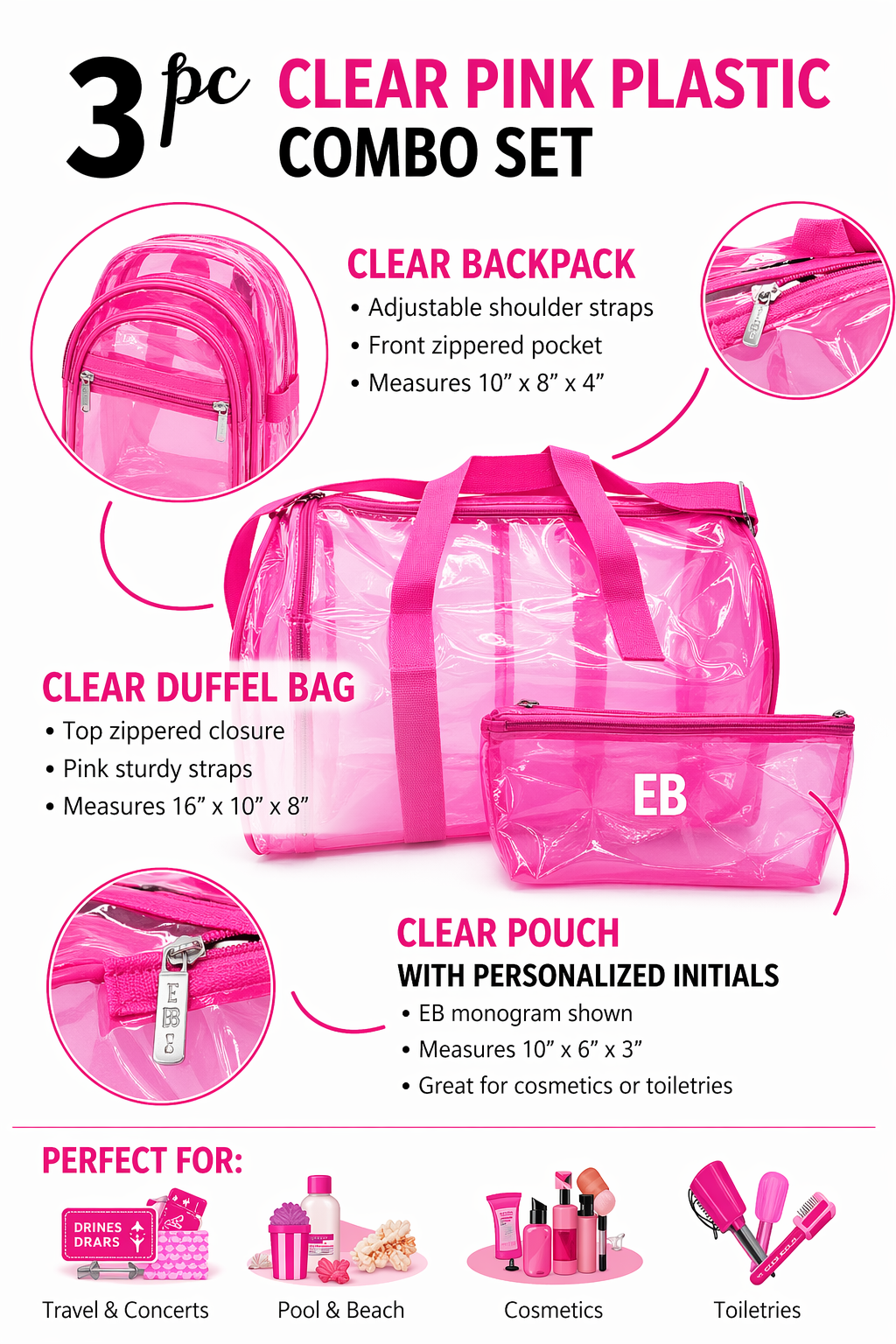 Echo Boomers Premium Orange PVC Transparent Bag Combo Set (3 pcs) – Duffel Bag, Mini Backpack & Pouch | Waterproof Travel, Gym & Toiletry Organizer for Men & Women