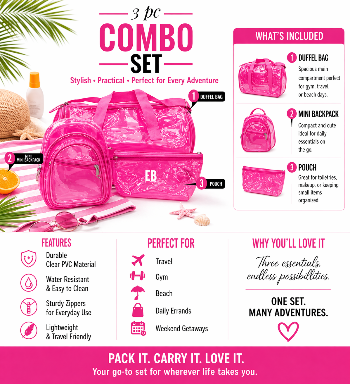 Echo Boomers Premium Orange PVC Transparent Bag Combo Set (3 pcs) – Duffel Bag, Mini Backpack & Pouch | Waterproof Travel, Gym & Toiletry Organizer for Men & Women