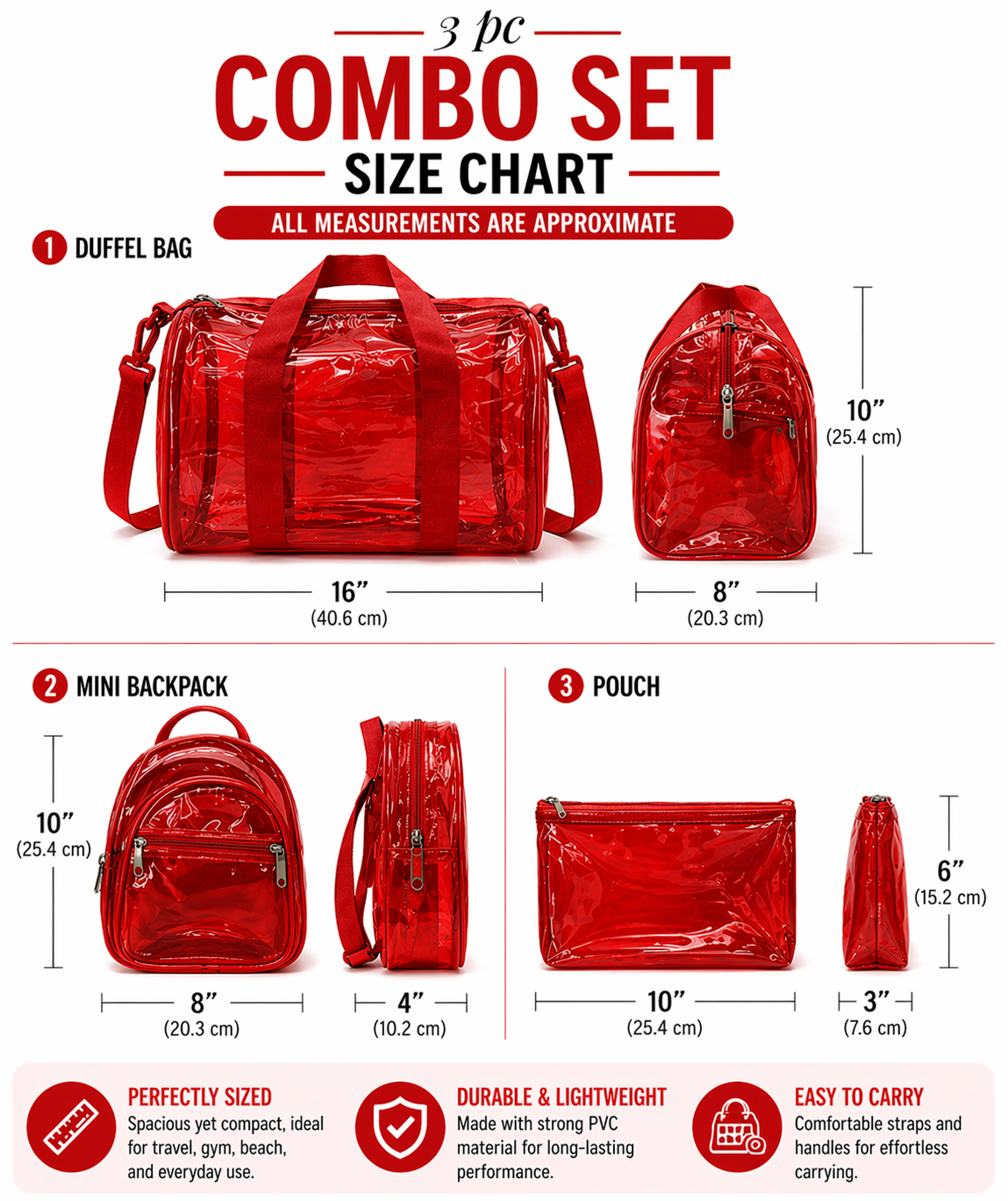 Echo Boomers Premium Orange PVC Transparent Bag Combo Set (3 pcs) – Duffel Bag, Mini Backpack & Pouch | Waterproof Travel, Gym & Toiletry Organizer for Men & Women
