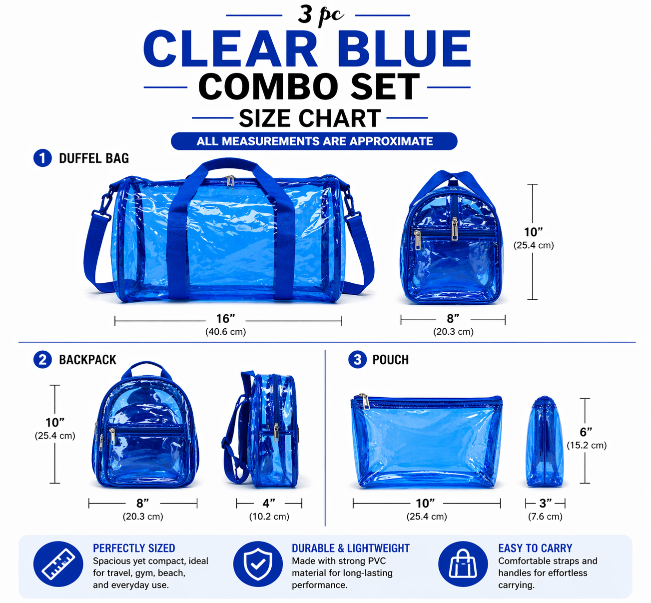 Echo Boomers Premium Orange PVC Transparent Bag Combo Set (3 pcs) – Duffel Bag, Mini Backpack & Pouch | Waterproof Travel, Gym & Toiletry Organizer for Men & Women