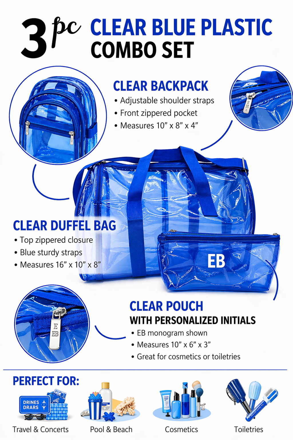 Echo Boomers Premium Orange PVC Transparent Bag Combo Set (3 pcs) – Duffel Bag, Mini Backpack & Pouch | Waterproof Travel, Gym & Toiletry Organizer for Men & Women