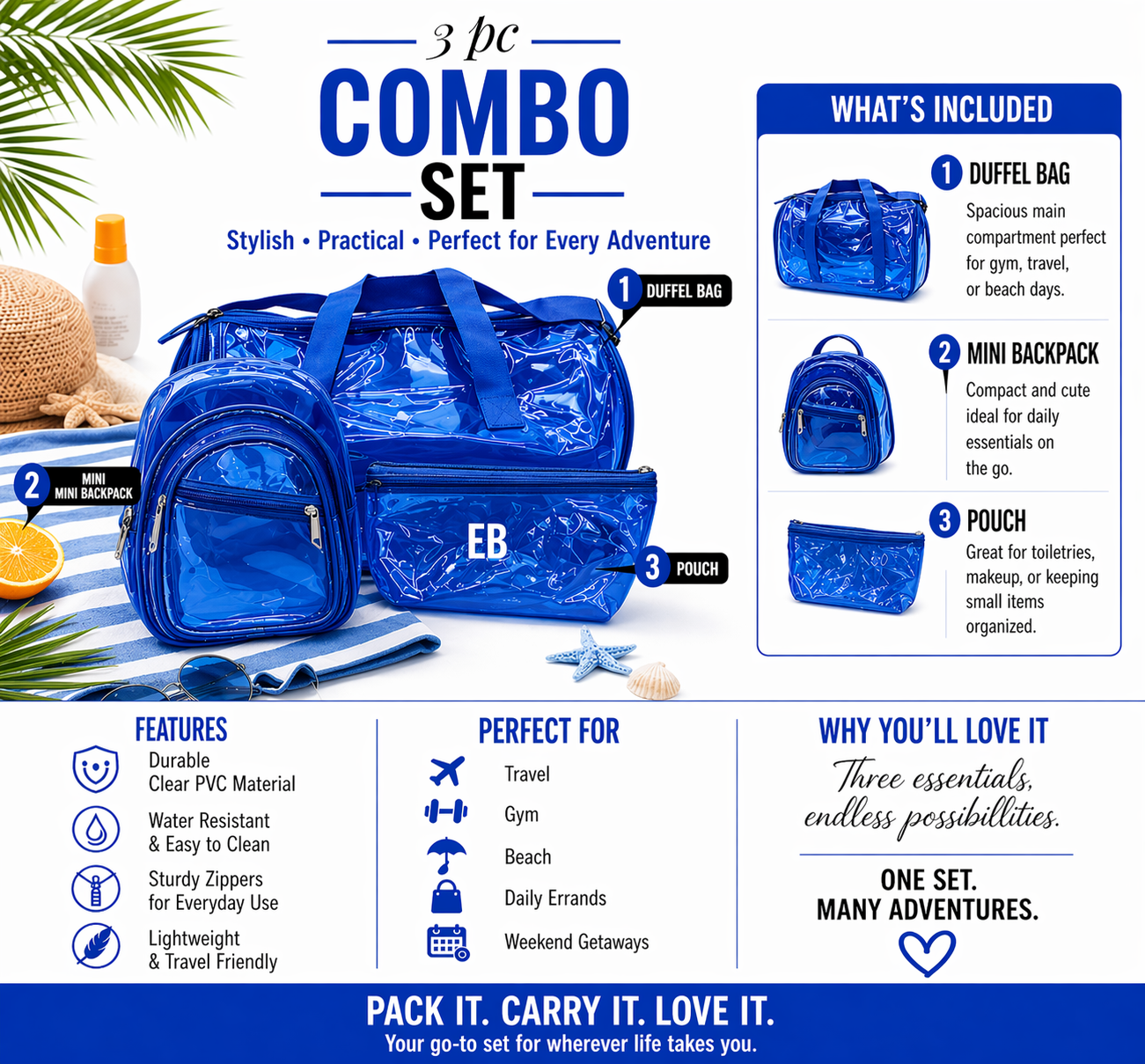 Echo Boomers Premium Orange PVC Transparent Bag Combo Set (3 pcs) – Duffel Bag, Mini Backpack & Pouch | Waterproof Travel, Gym & Toiletry Organizer for Men & Women