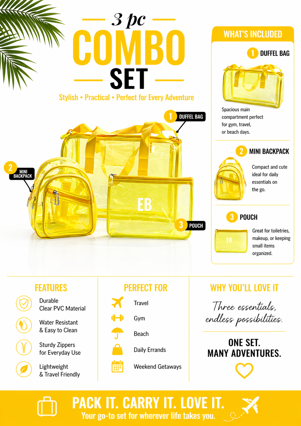 Echo Boomers Premium Orange PVC Transparent Bag Combo Set (3 pcs) – Duffel Bag, Mini Backpack & Pouch | Waterproof Travel, Gym & Toiletry Organizer for Men & Women