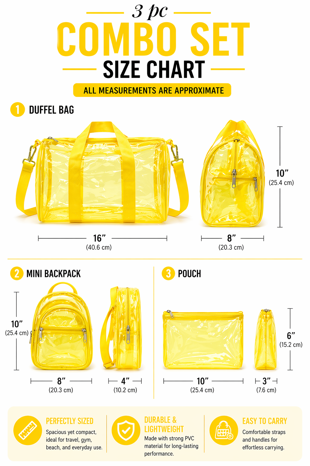 Echo Boomers Premium Orange PVC Transparent Bag Combo Set (3 pcs) – Duffel Bag, Mini Backpack & Pouch | Waterproof Travel, Gym & Toiletry Organizer for Men & Women