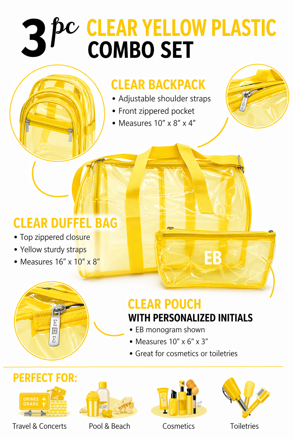 Echo Boomers Premium Orange PVC Transparent Bag Combo Set (3 pcs) – Duffel Bag, Mini Backpack & Pouch | Waterproof Travel, Gym & Toiletry Organizer for Men & Women