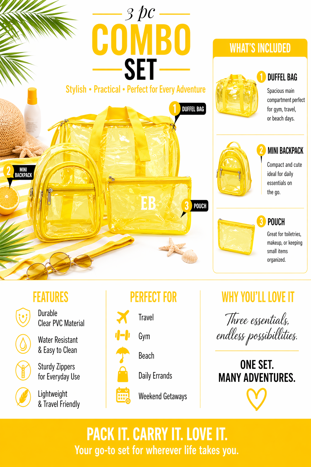 Echo Boomers Premium Orange PVC Transparent Bag Combo Set (3 pcs) – Duffel Bag, Mini Backpack & Pouch | Waterproof Travel, Gym & Toiletry Organizer for Men & Women