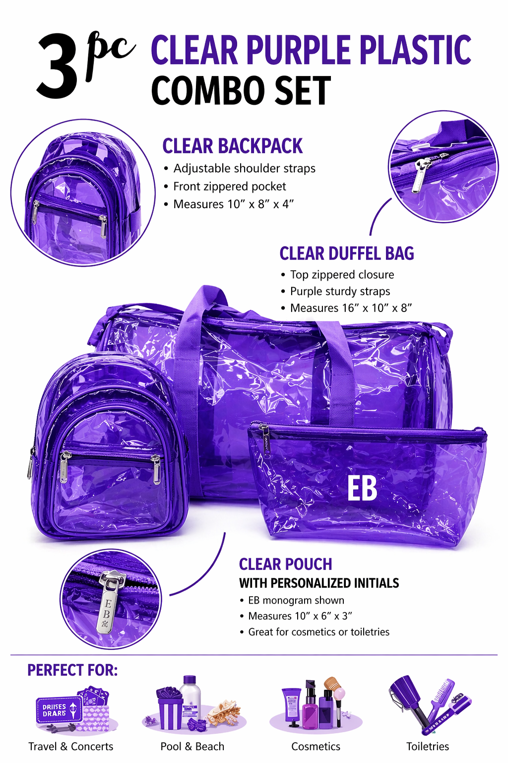Echo Boomers Premium Orange PVC Transparent Bag Combo Set (3 pcs) – Duffel Bag, Mini Backpack & Pouch | Waterproof Travel, Gym & Toiletry Organizer for Men & Women