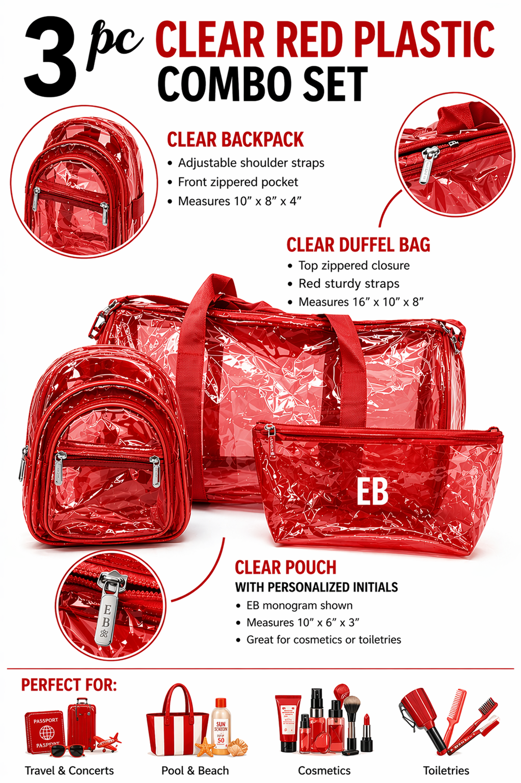 Echo Boomers Premium Orange PVC Transparent Bag Combo Set (3 pcs) – Duffel Bag, Mini Backpack & Pouch | Waterproof Travel, Gym & Toiletry Organizer for Men & Women