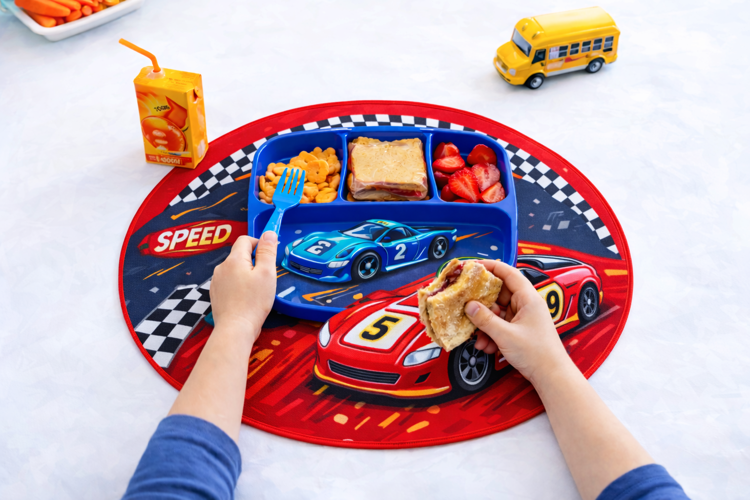 Echo Boomers Multi design & Theme Round Folding Dining Mat for Kids | 10 x 10 Inch Cutlery Holder | Portable Kids Lunch Mat with Spoon & Fork Pockets