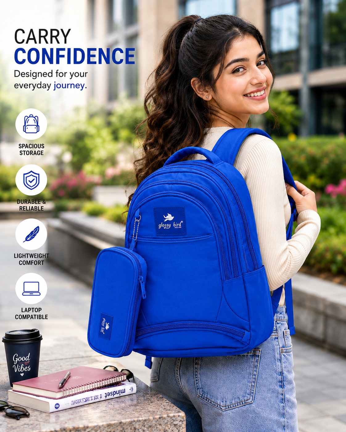 Echo Boomers Glossy Bird Explorer Backpack with Pencil Pouch | Lightweight Water-Resistant School, College, Office & Travel Backpack with Multiple Compartments
